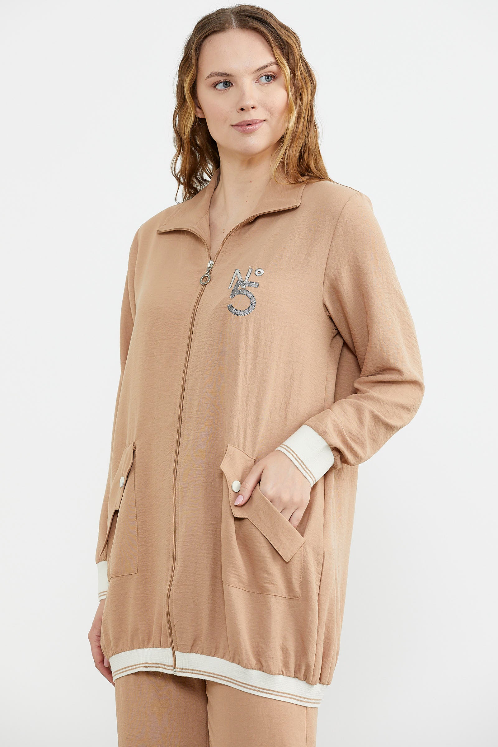 Şal Yaka Fermuarlı Krep Takım - Kamel (3) Sementa