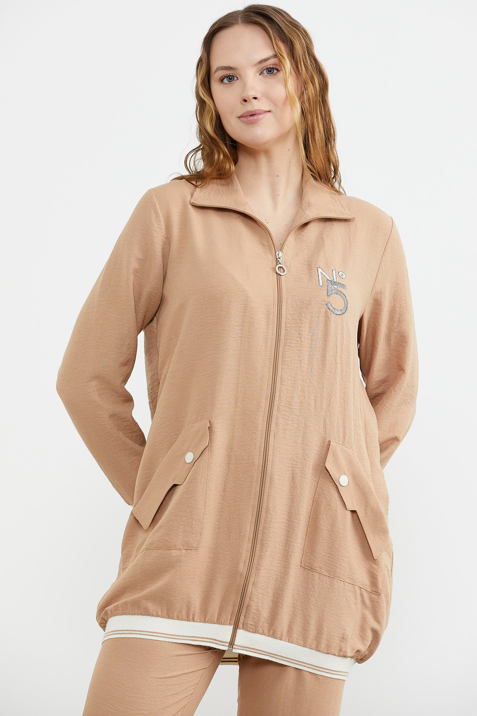 Şal Yaka Fermuarlı Krep Takım - Kamel (4) Sementa