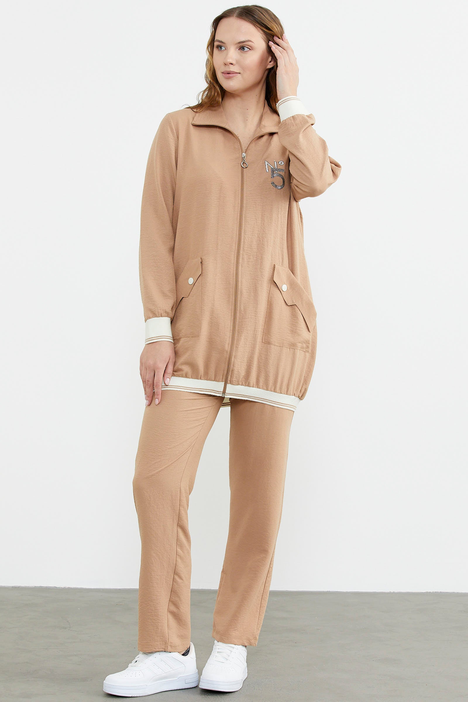 Şal Yaka Fermuarlı Krep Takım - Kamel (5) Sementa