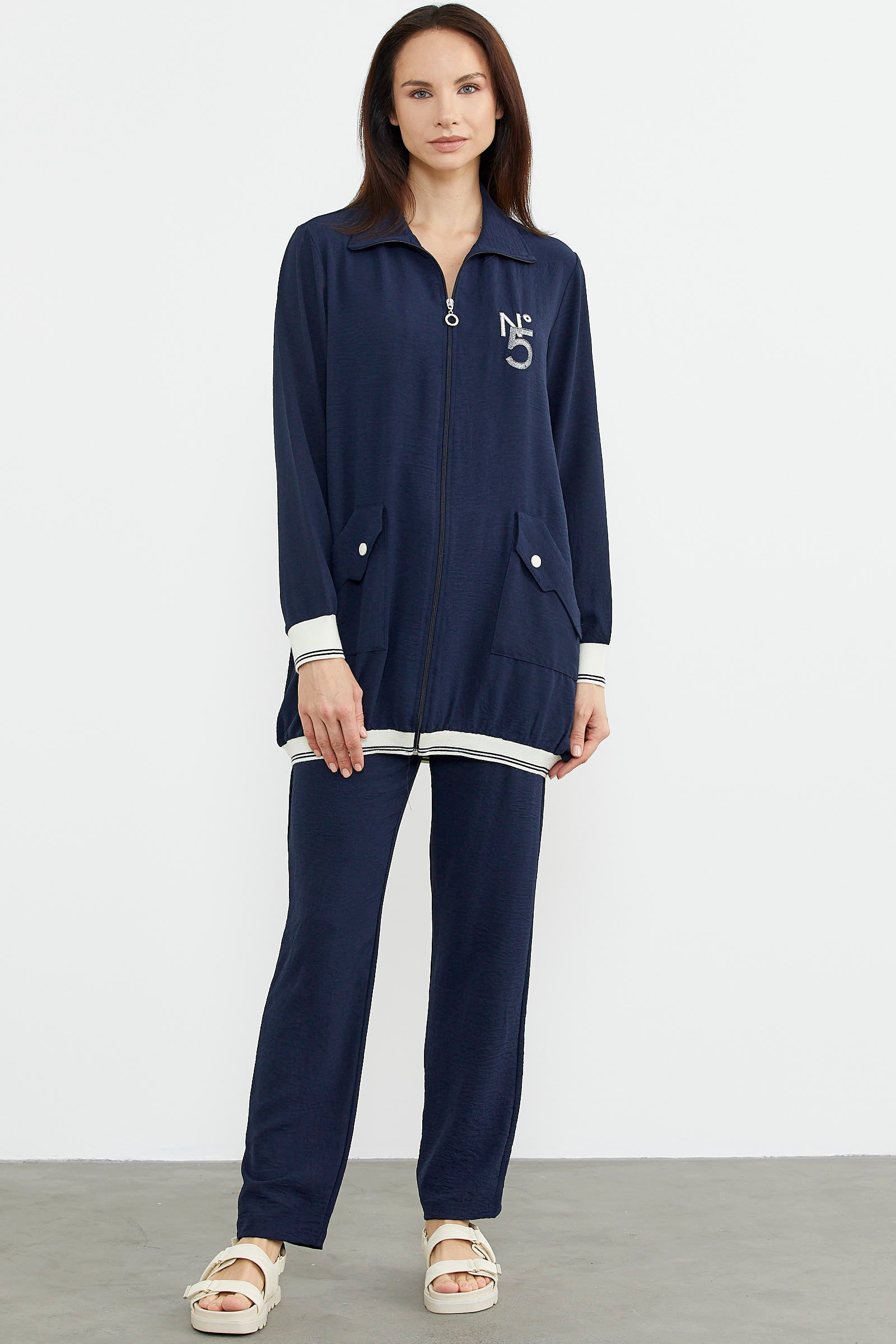 Şal Yaka Fermuarlı Krep Takım - Lacivert (2) Sementa