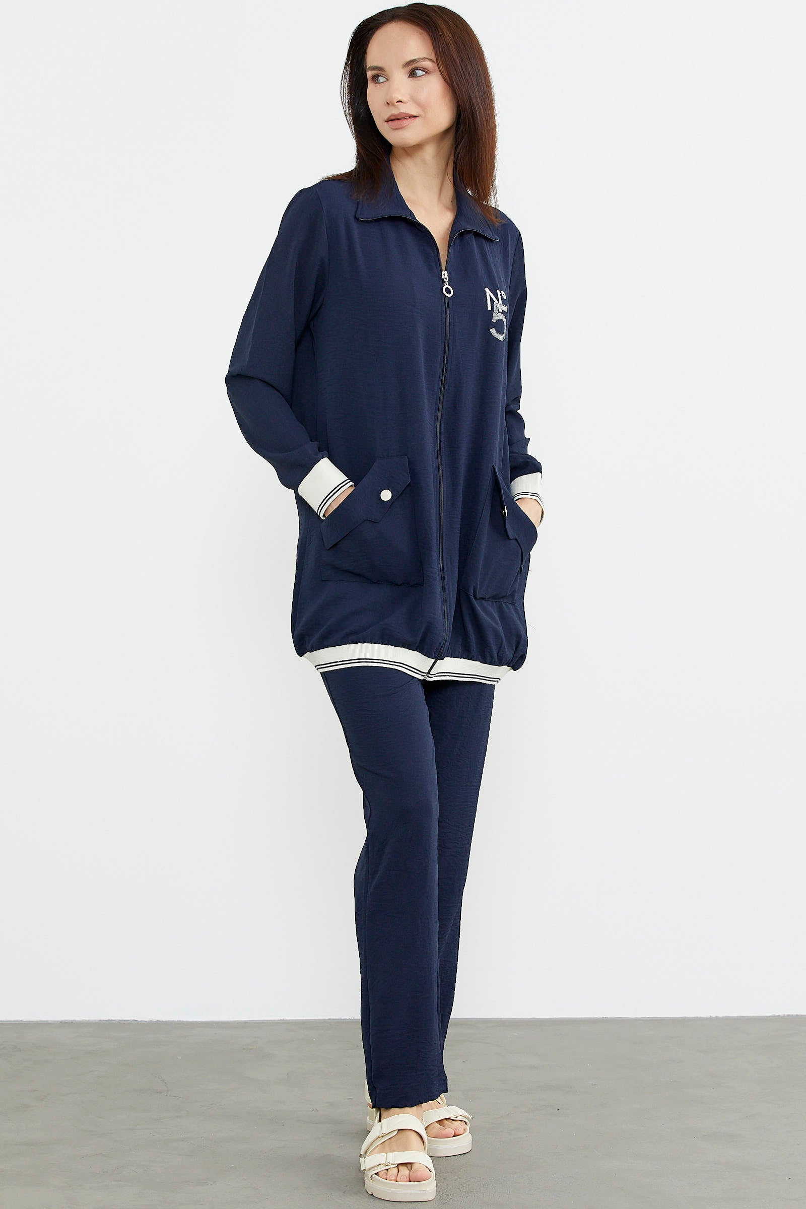 Şal Yaka Fermuarlı Krep Takım - Lacivert (3) Sementa