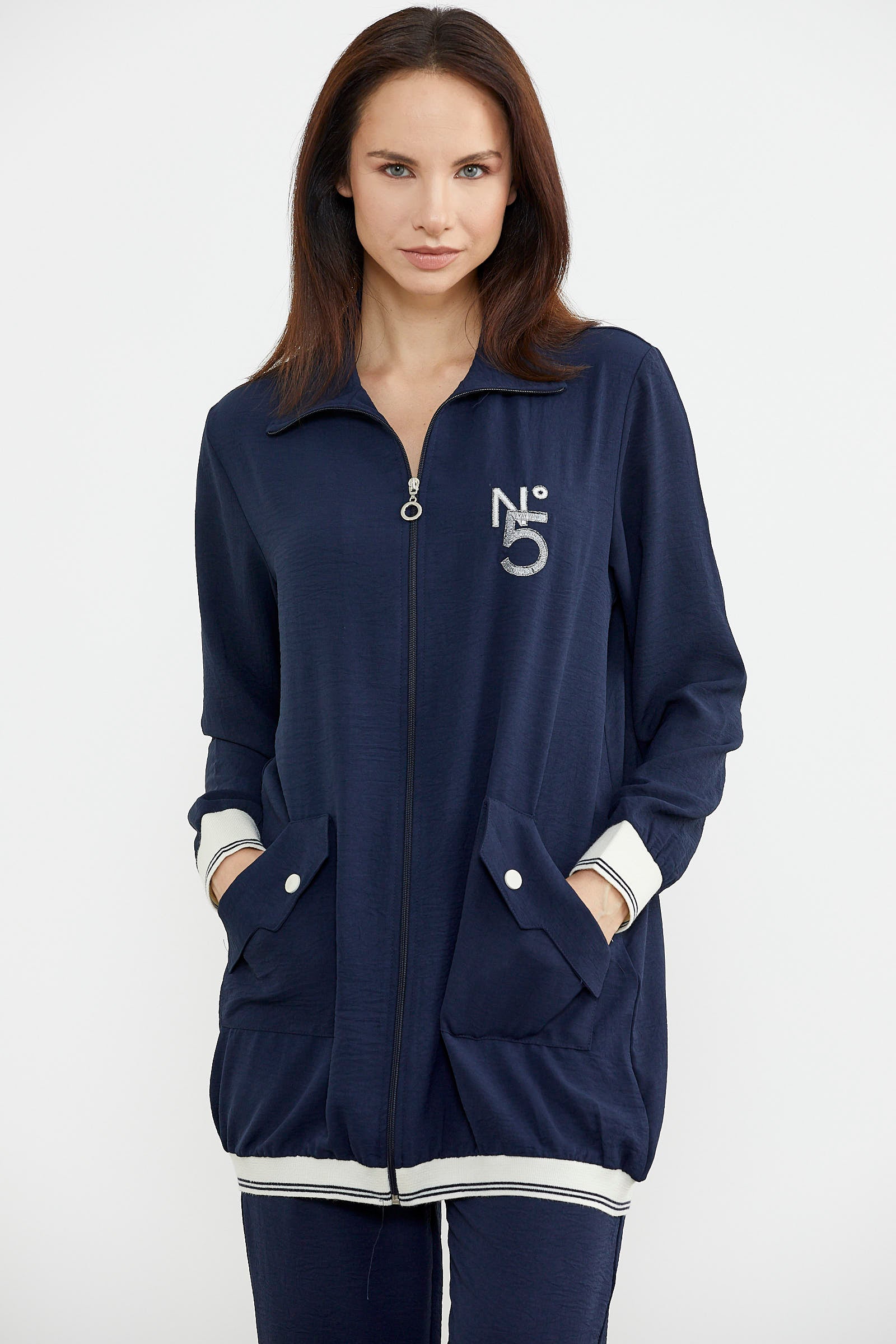 Şal Yaka Fermuarlı Krep Takım - Lacivert (4) Sementa