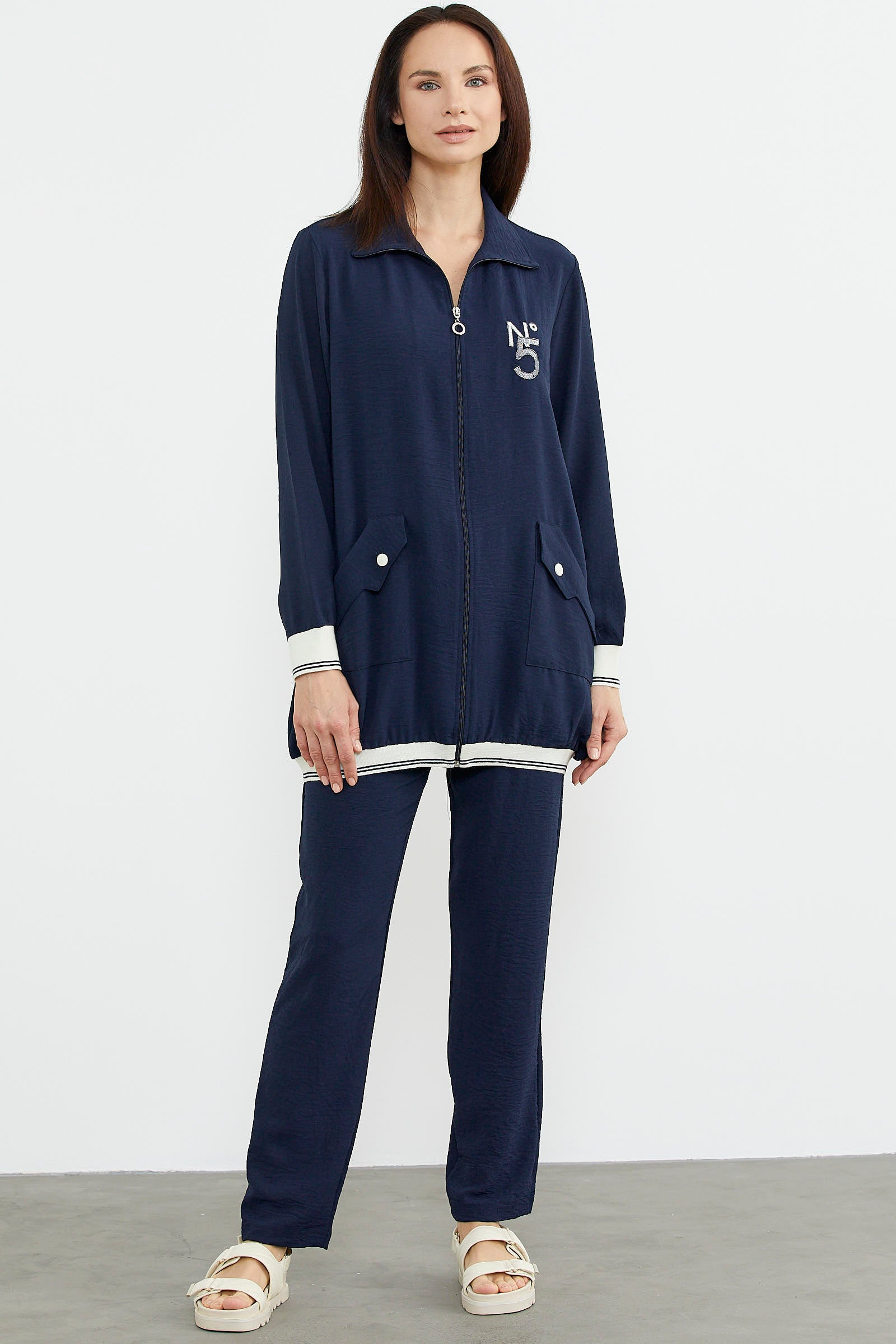 Şal Yaka Fermuarlı Krep Takım - Lacivert (5) Sementa