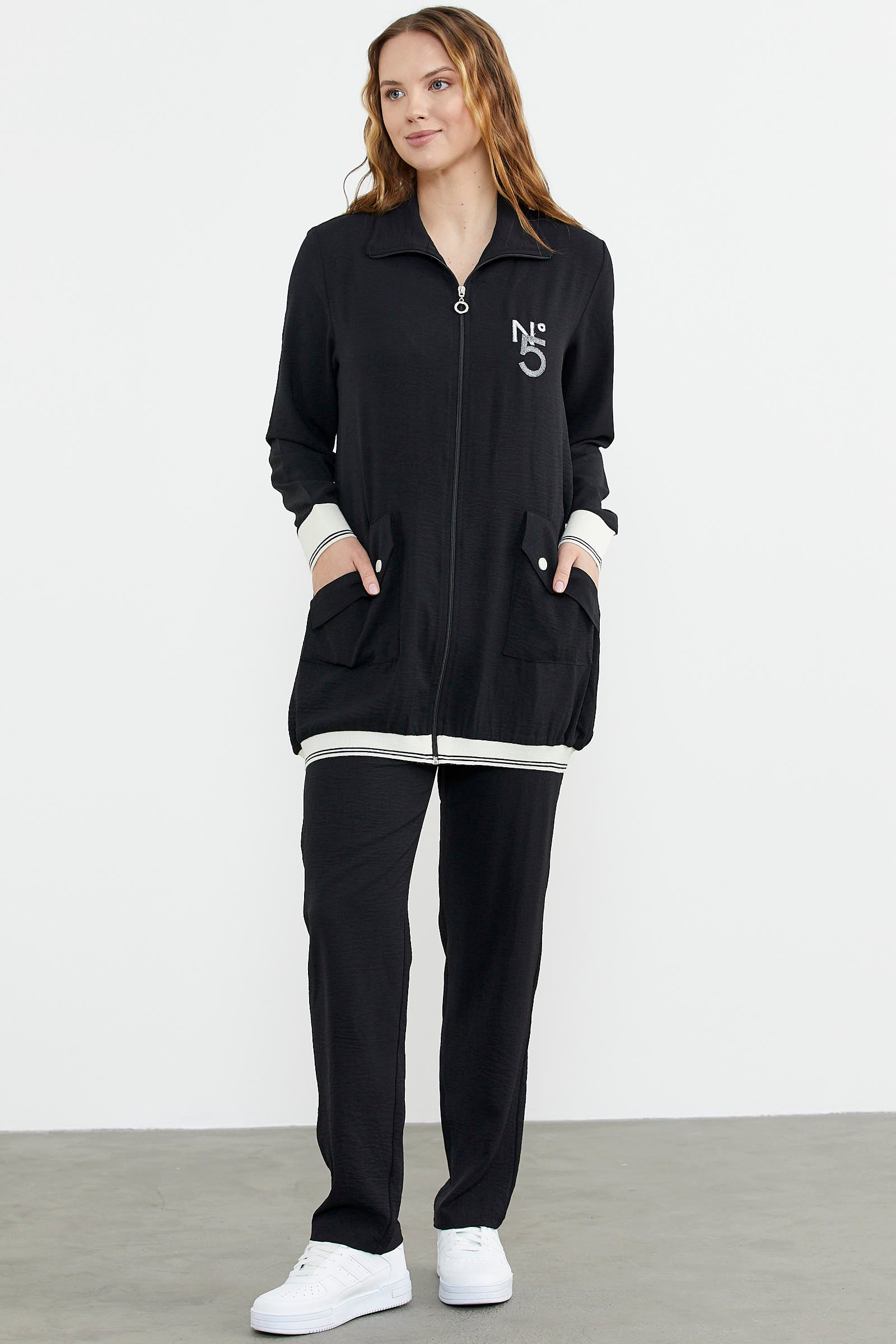 Şal Yaka Fermuarlı Krep Takım - Siyah (2) Sementa