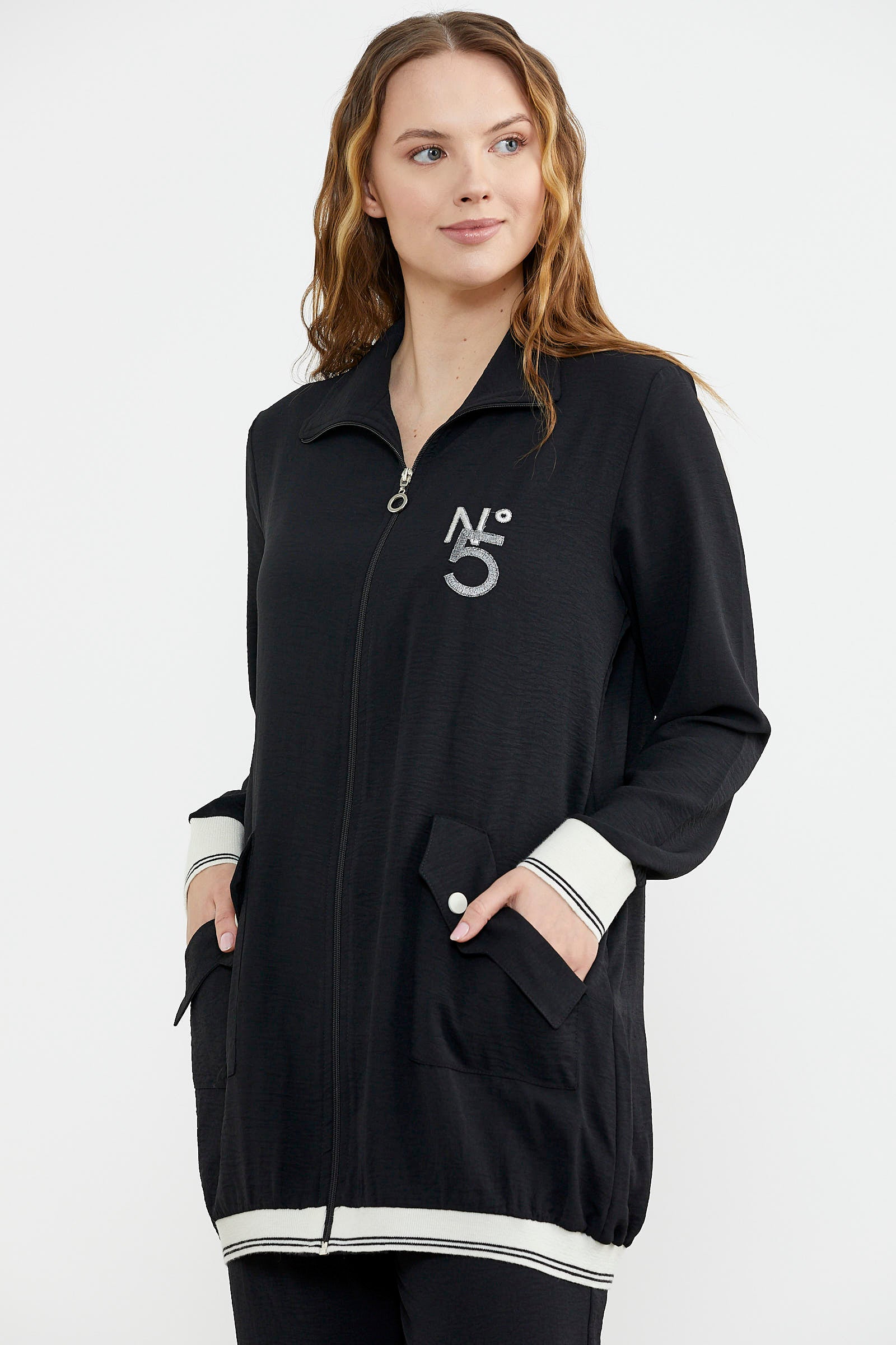 Şal Yaka Fermuarlı Krep Takım - Siyah (3) Sementa