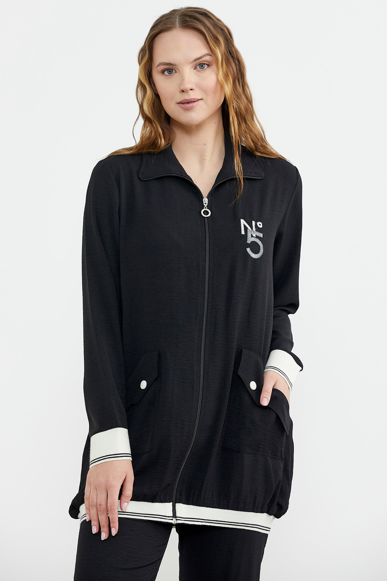 Şal Yaka Fermuarlı Krep Takım - Siyah (4) Sementa