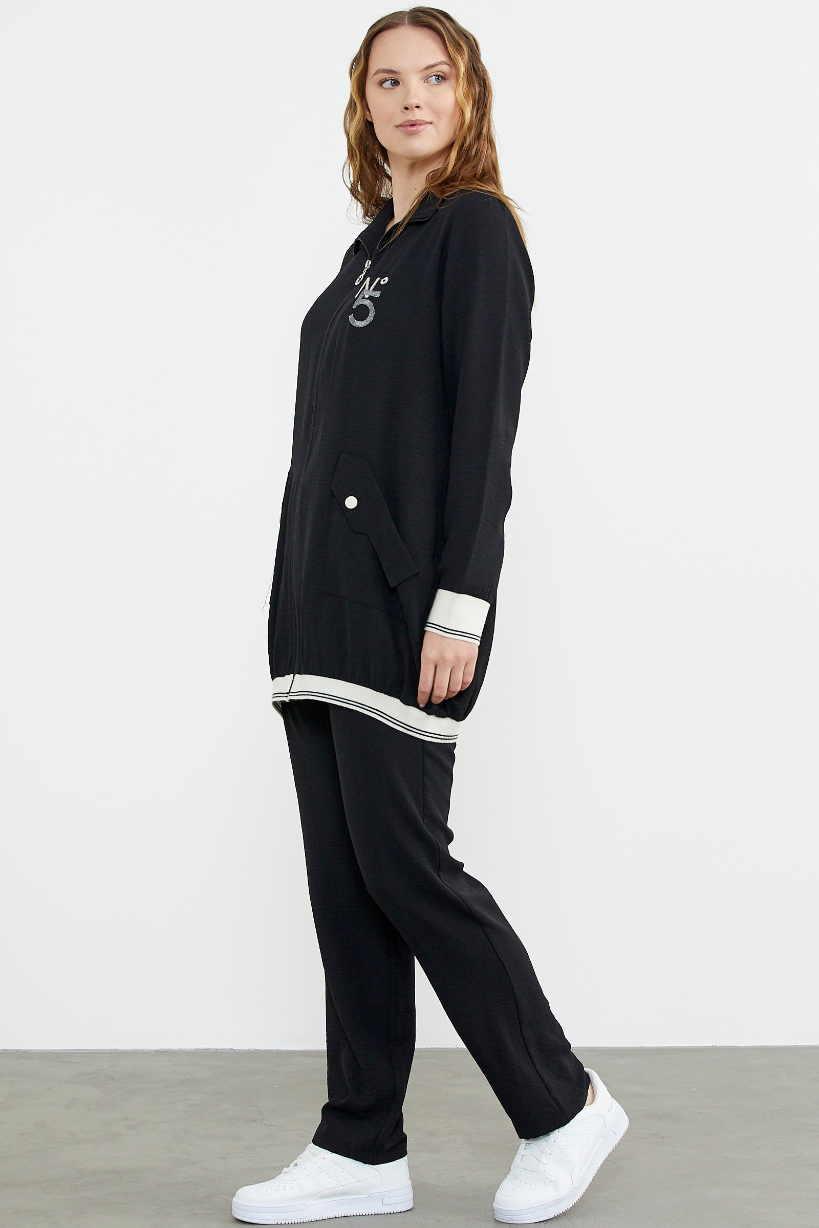 Şal Yaka Fermuarlı Krep Takım - Siyah (5) Sementa