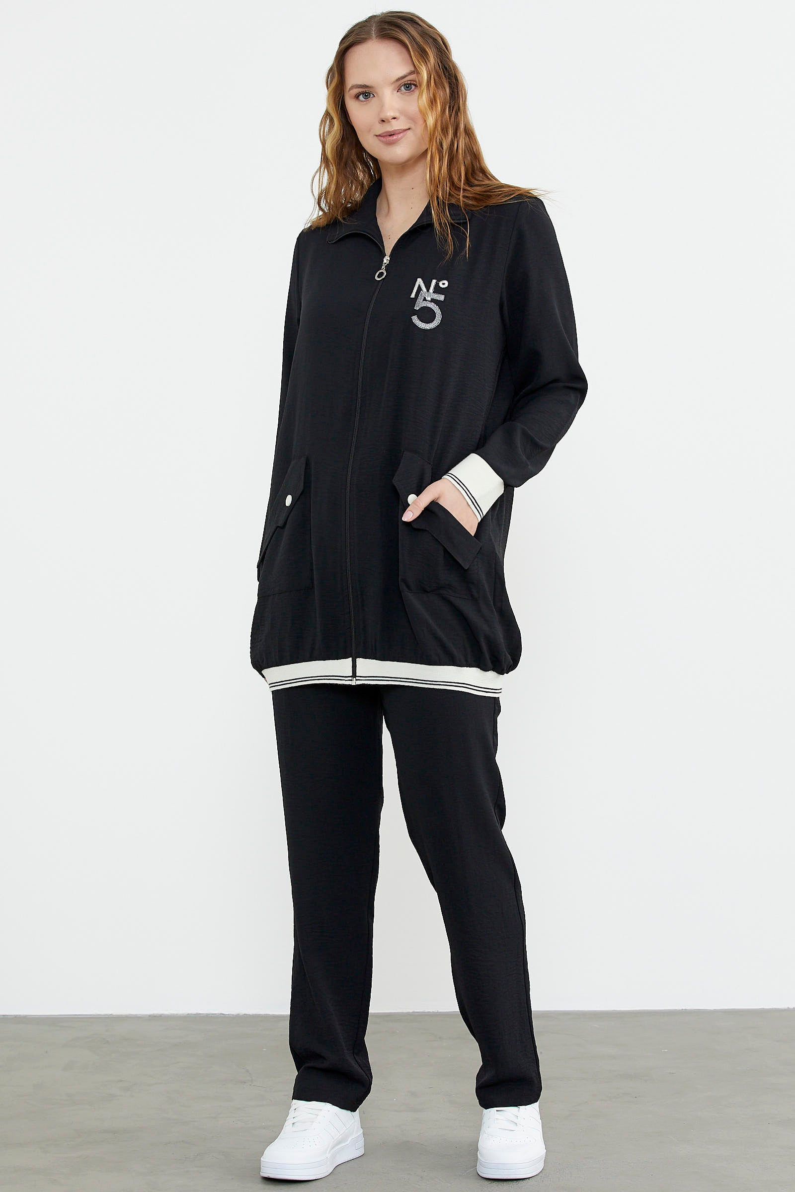 Şal Yaka Fermuarlı Krep Takım - Siyah (6) Sementa