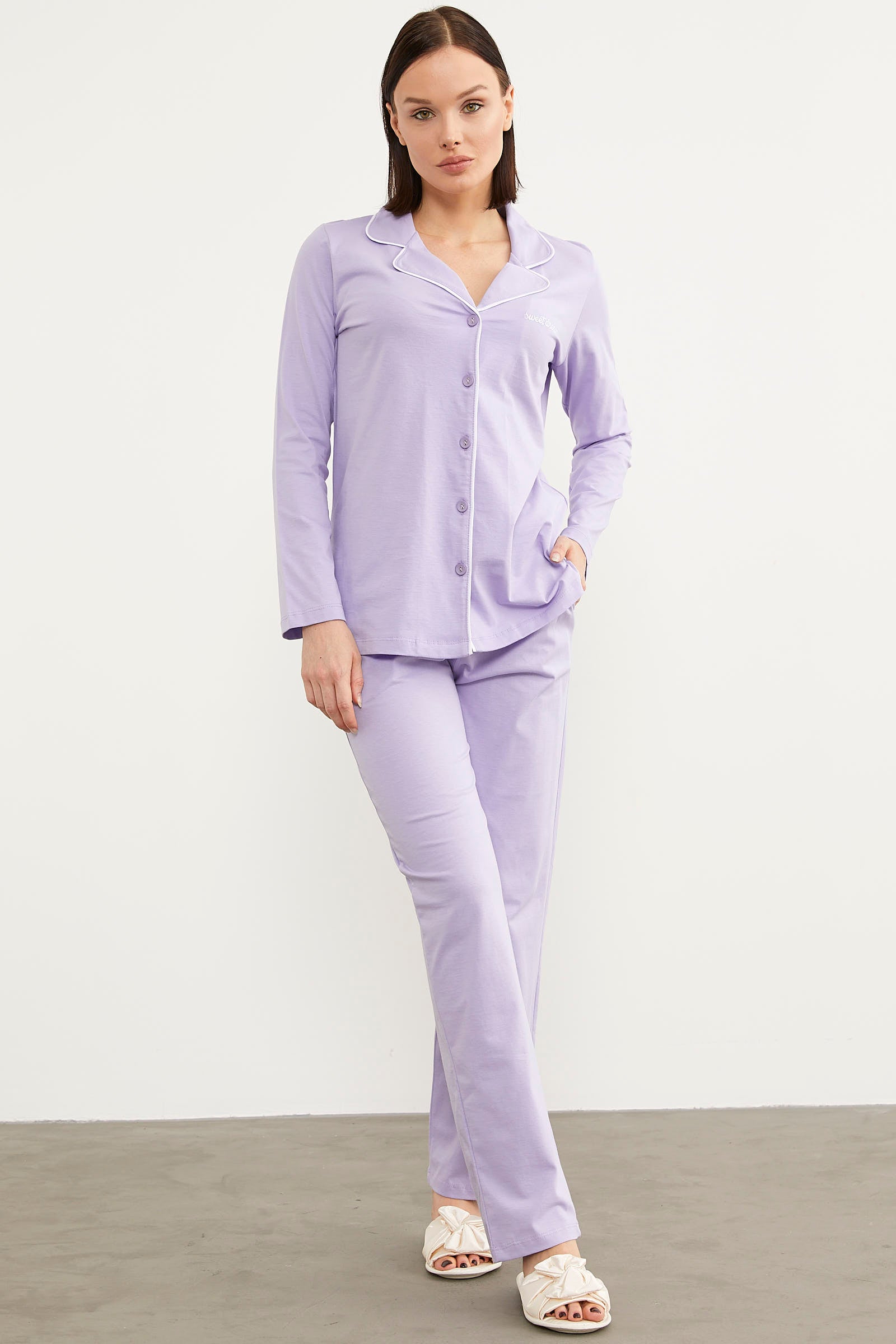 Şal Yaka Gömlek Pijama Takım - Lila (5) Sementa