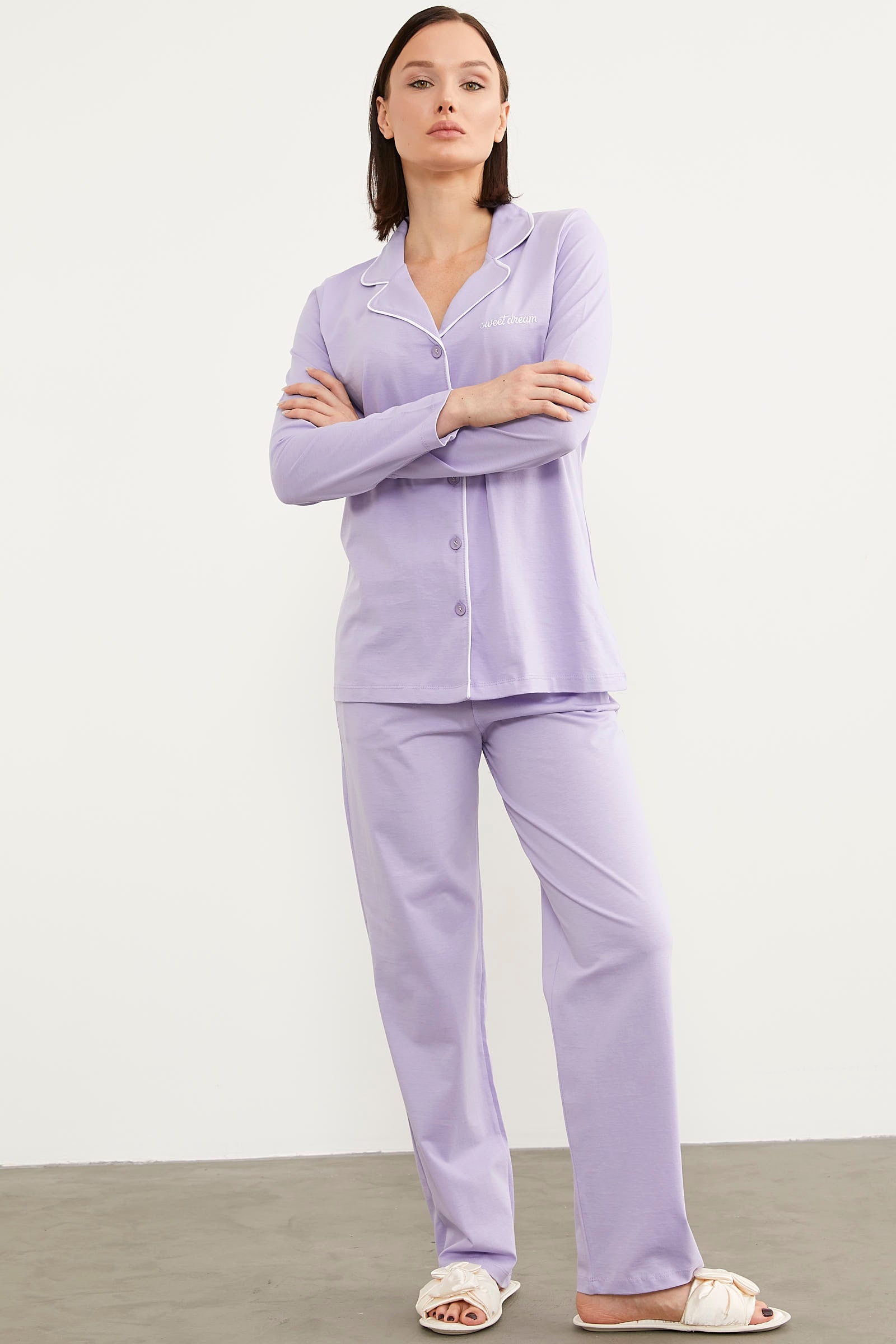 Şal Yaka Gömlek Pijama Takım - Lila (6) Sementa