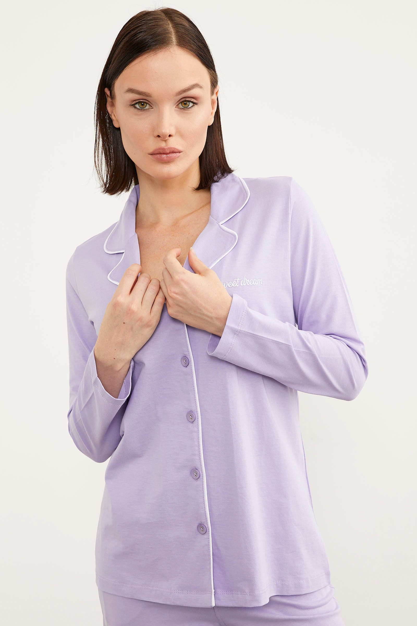 Şal Yaka Gömlek Pijama Takım - Lila (4) Sementa
