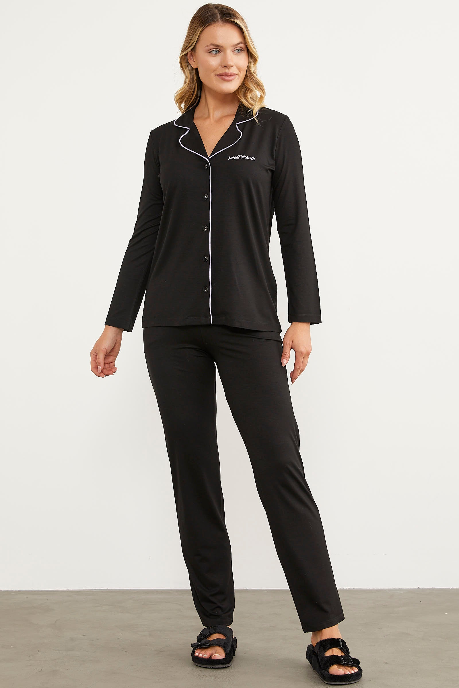 Şal Yaka Gömlek Pijama Takım - Siyah (1) Sementa