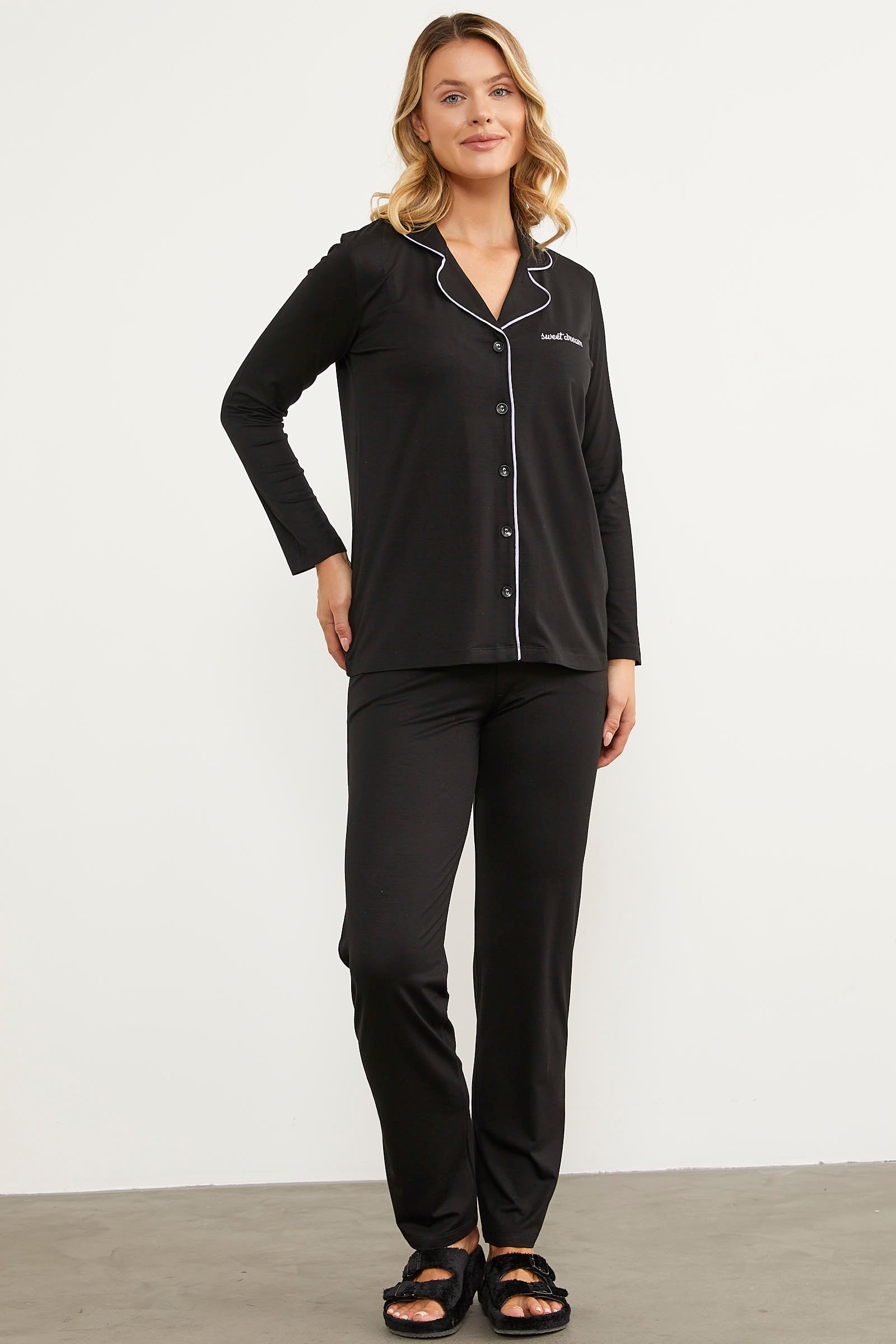 Şal Yaka Gömlek Pijama Takım - Siyah (5) Sementa
