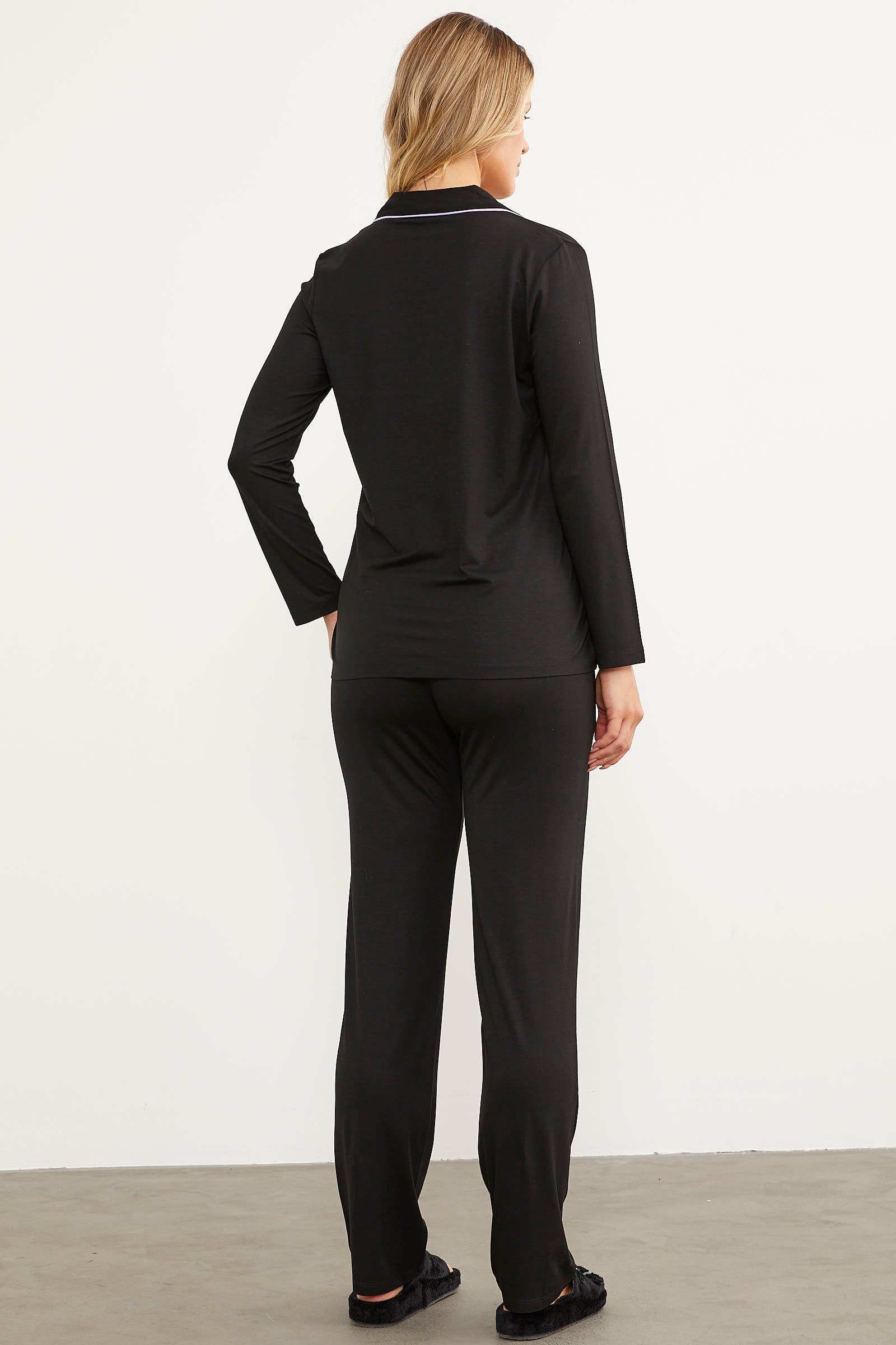 Şal Yaka Gömlek Pijama Takım - Siyah (8) Sementa