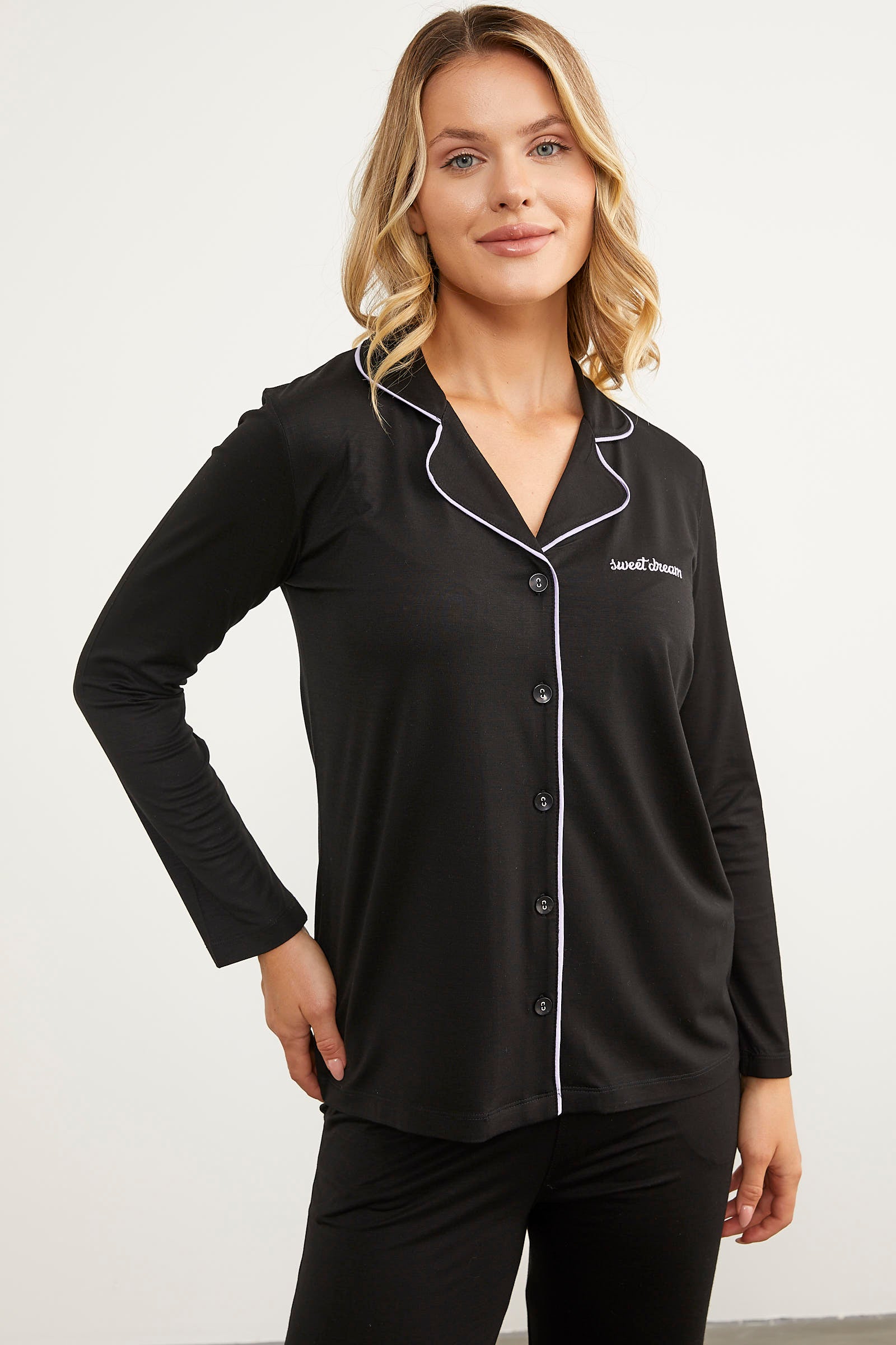 Şal Yaka Gömlek Pijama Takım - Siyah (4) Sementa