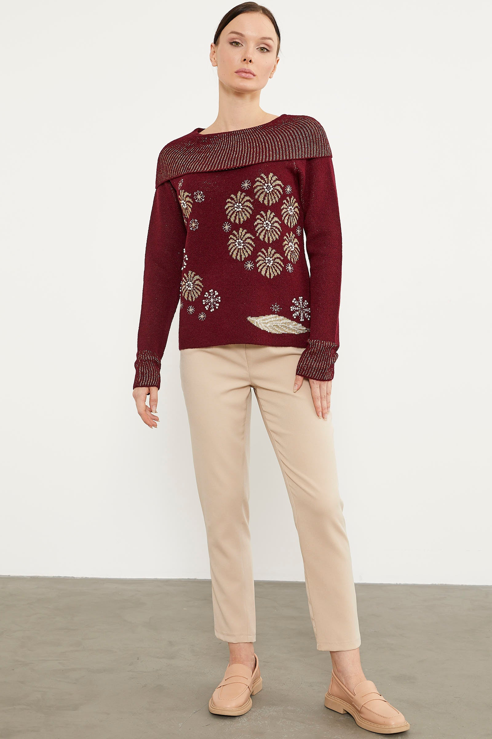 Şal Yaka İnci Zımbalı Triko Kazak - Bordo (2) Sementa