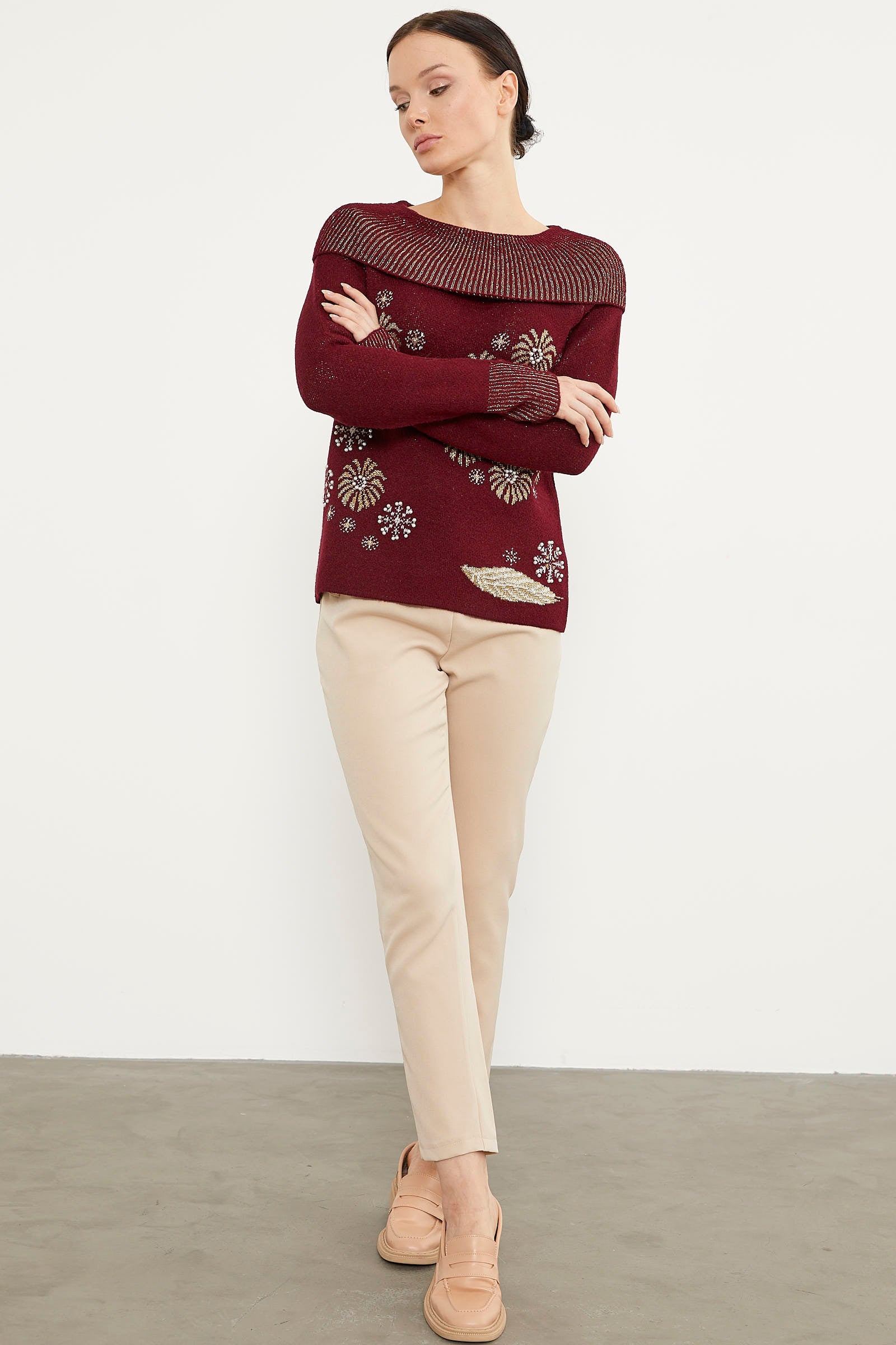 Şal Yaka İnci Zımbalı Triko Kazak - Bordo (3) Sementa