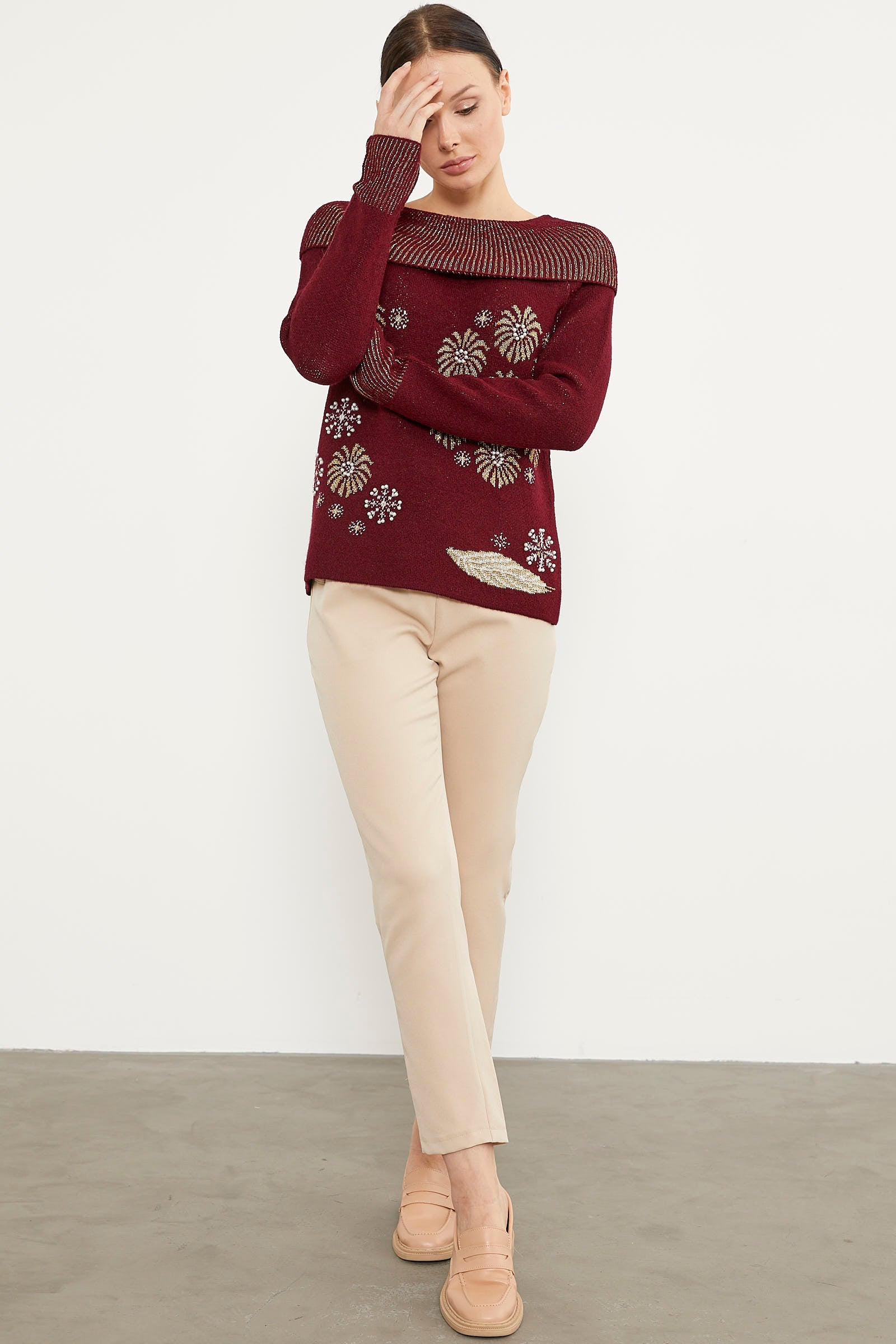 Şal Yaka İnci Zımbalı Triko Kazak - Bordo (4) Sementa