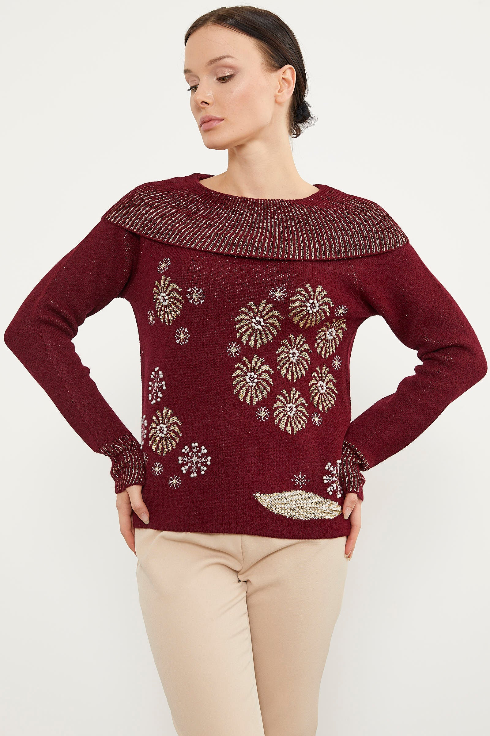 Şal Yaka İnci Zımbalı Triko Kazak - Bordo (5) Sementa