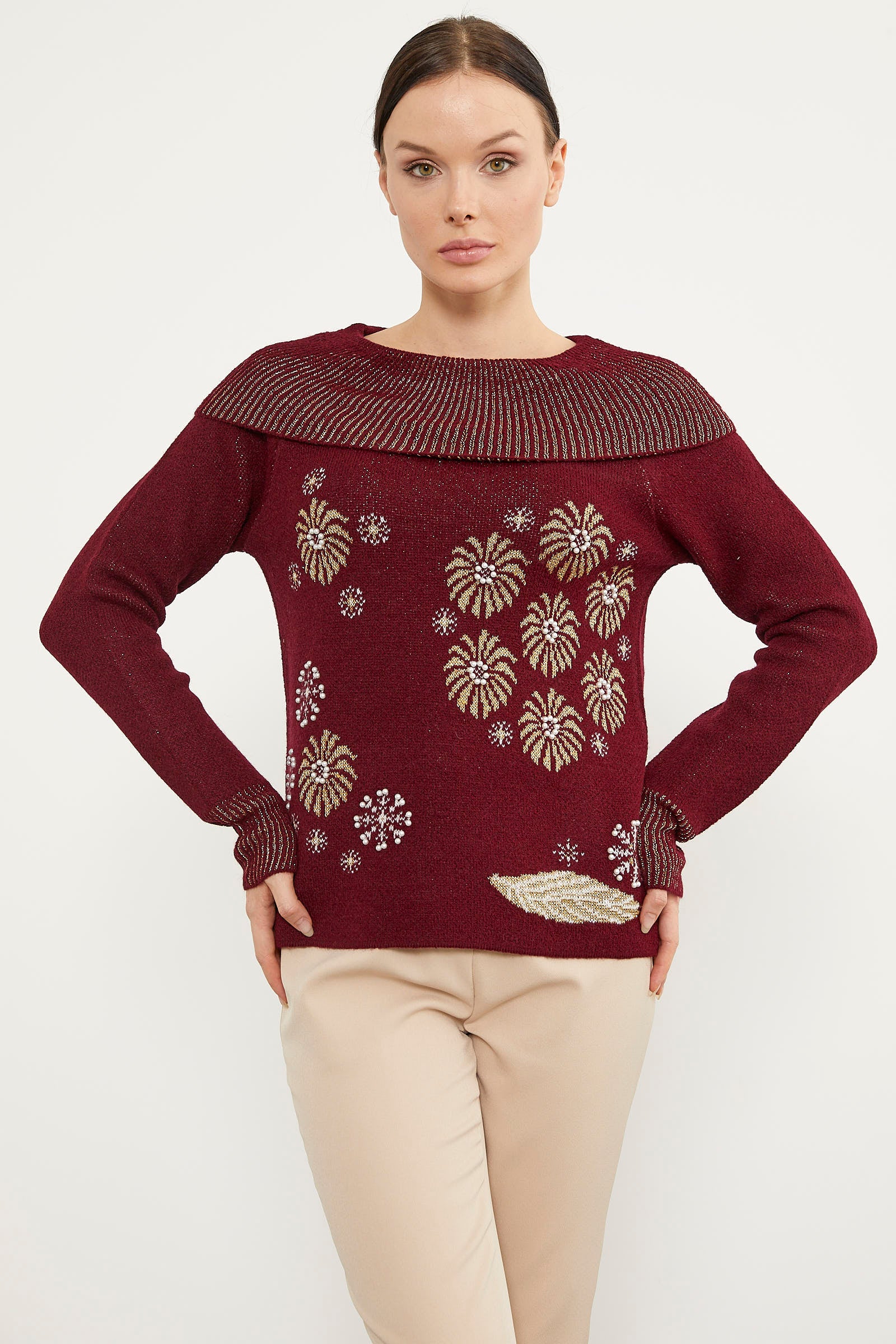 Şal Yaka İnci Zımbalı Triko Kazak - Bordo (1) Sementa