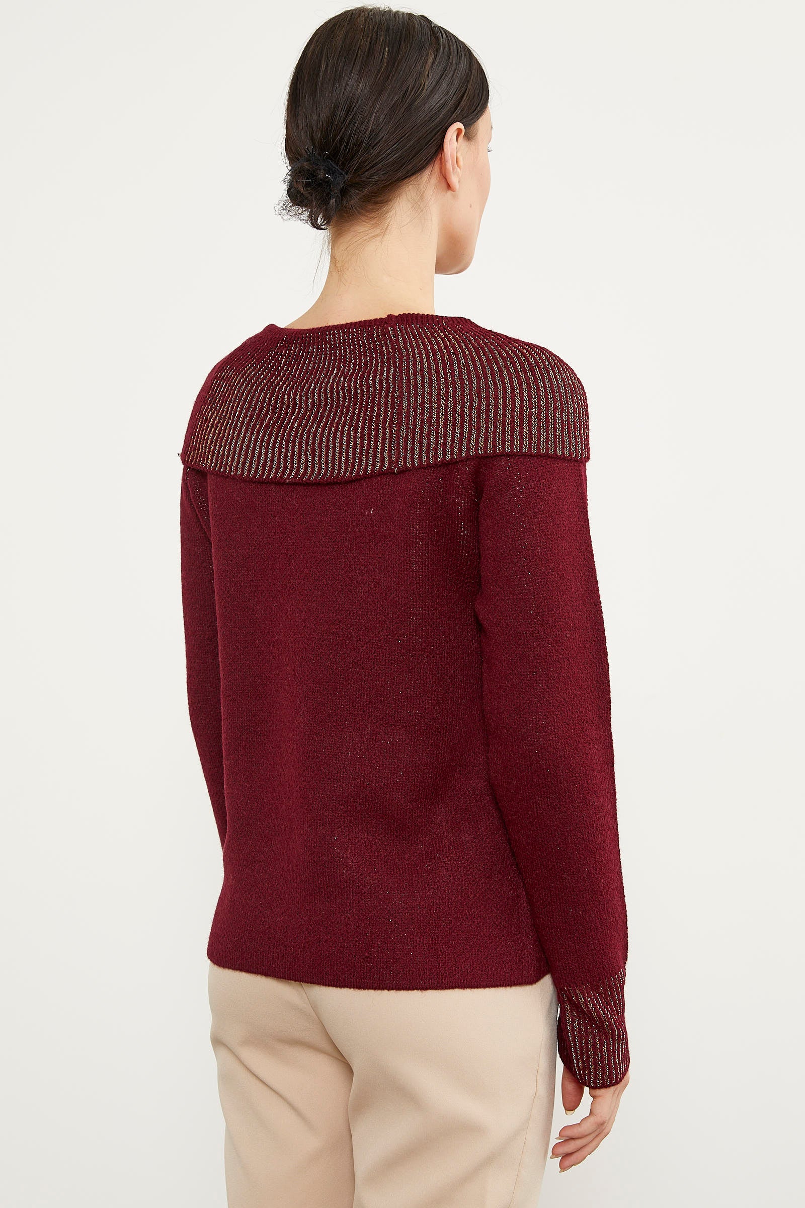 Şal Yaka İnci Zımbalı Triko Kazak - Bordo (7) Sementa
