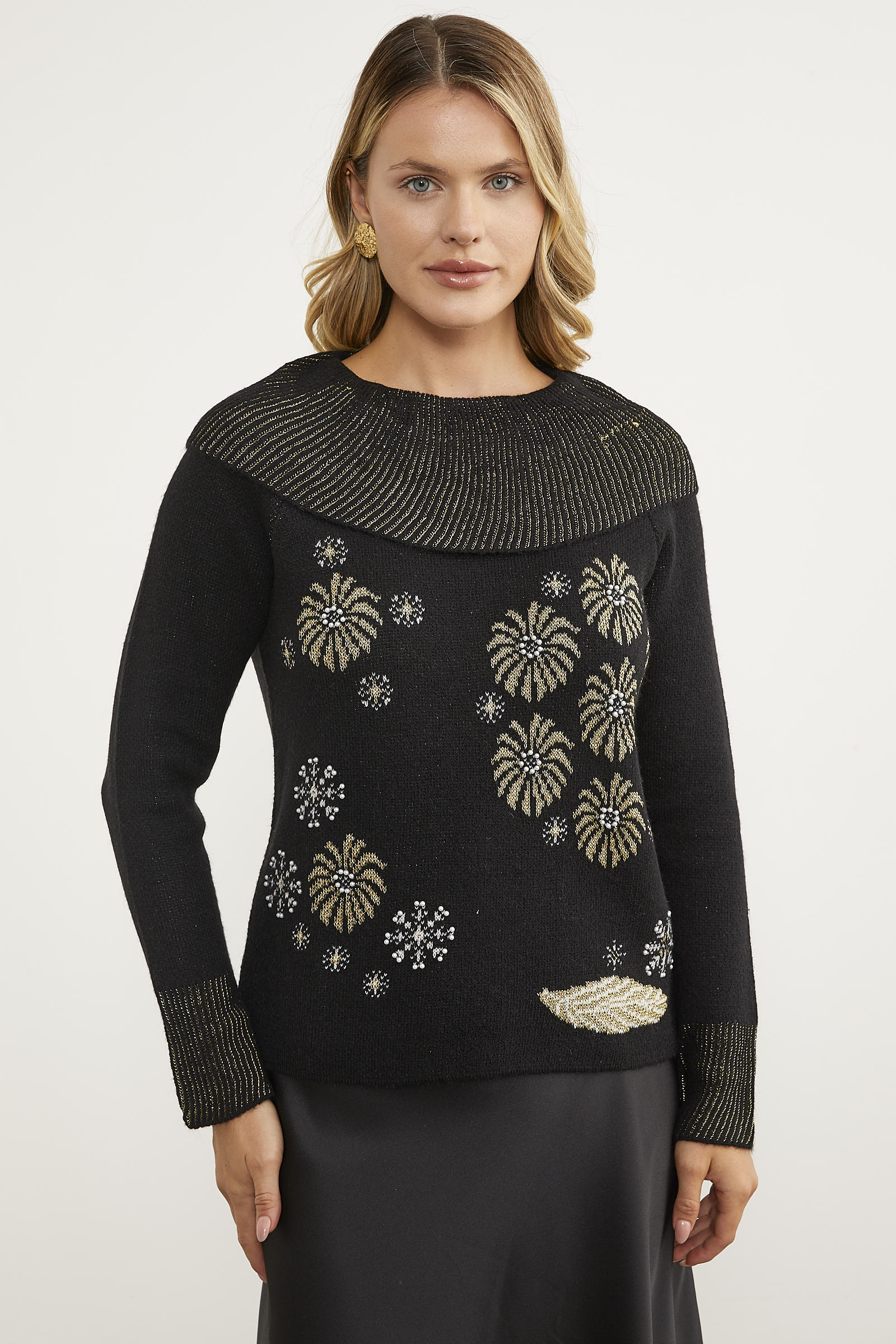 Şal Yaka İnci Zımbalı Triko Kazak - Siyah (1) Sementa