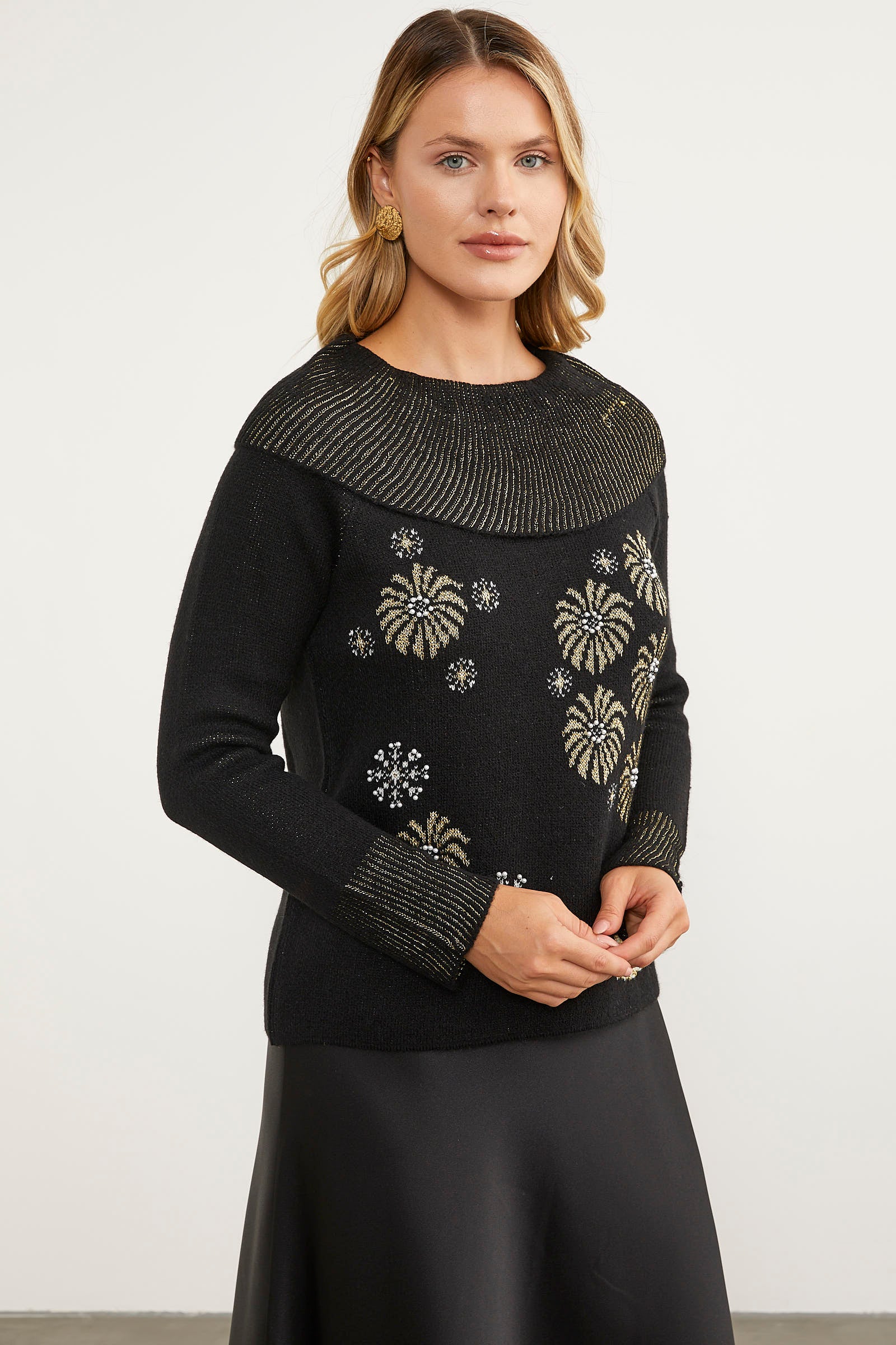 Şal Yaka İnci Zımbalı Triko Kazak - Siyah (2) Sementa