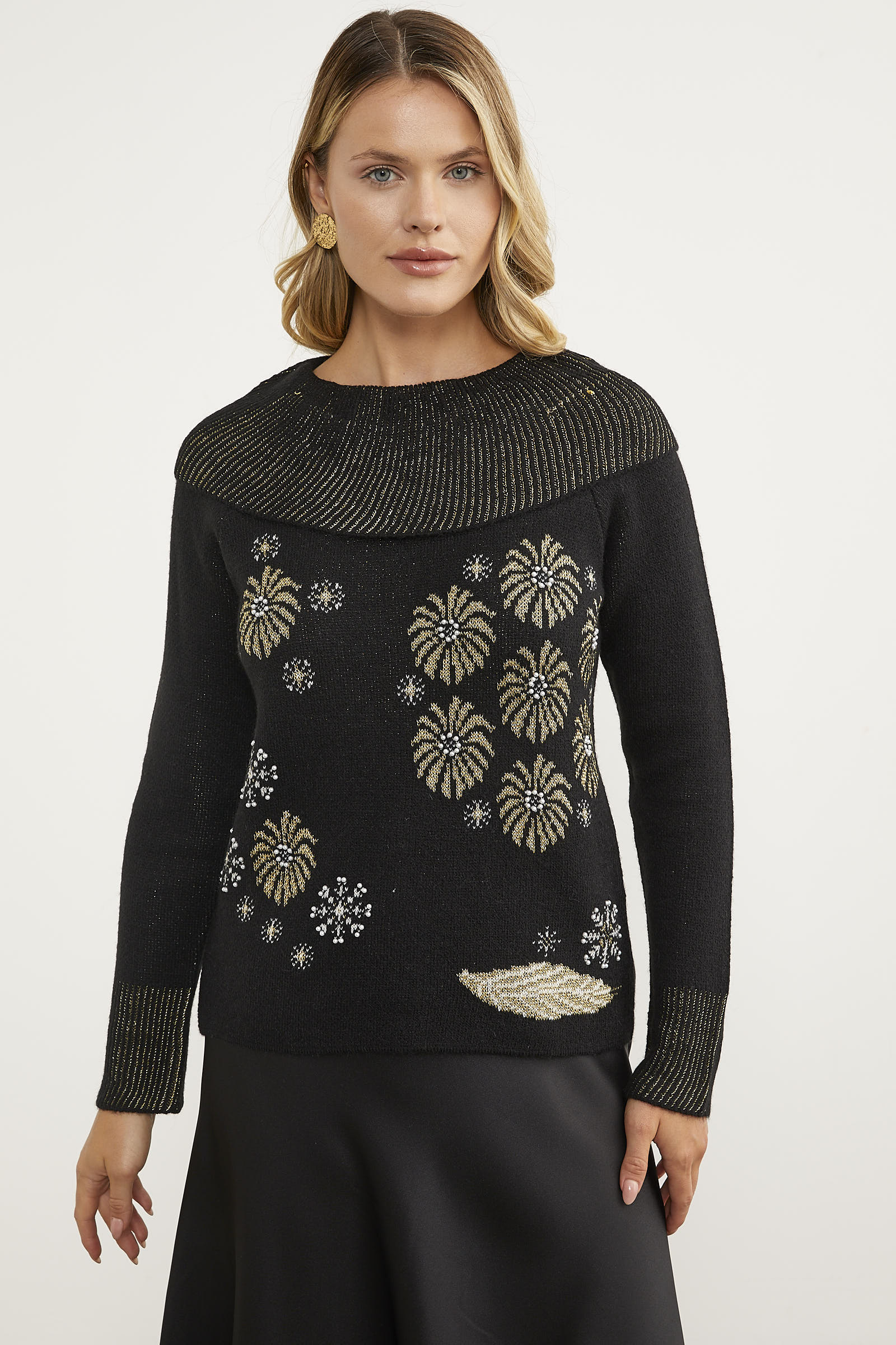 Şal Yaka İnci Zımbalı Triko Kazak - Siyah (4) Sementa