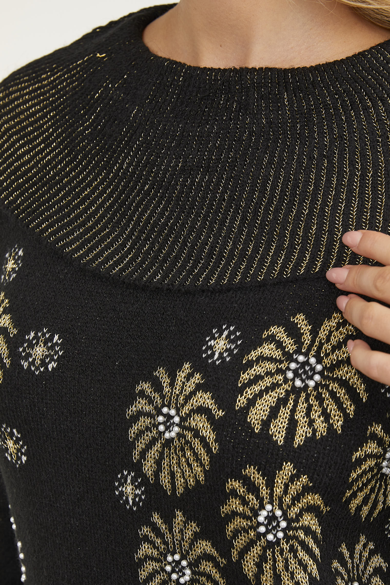 Şal Yaka İnci Zımbalı Triko Kazak - Siyah (6) Sementa