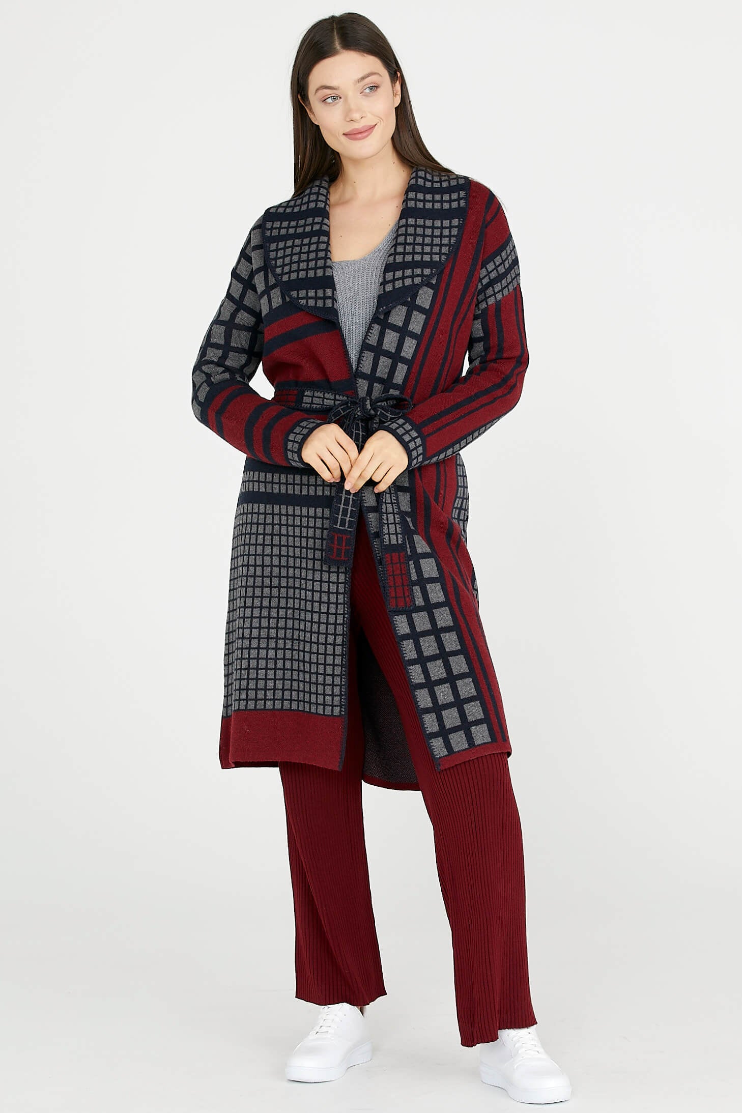 Şal Yaka Kuşaklı Uzun Triko Hırka - Bordo (3) Sementa