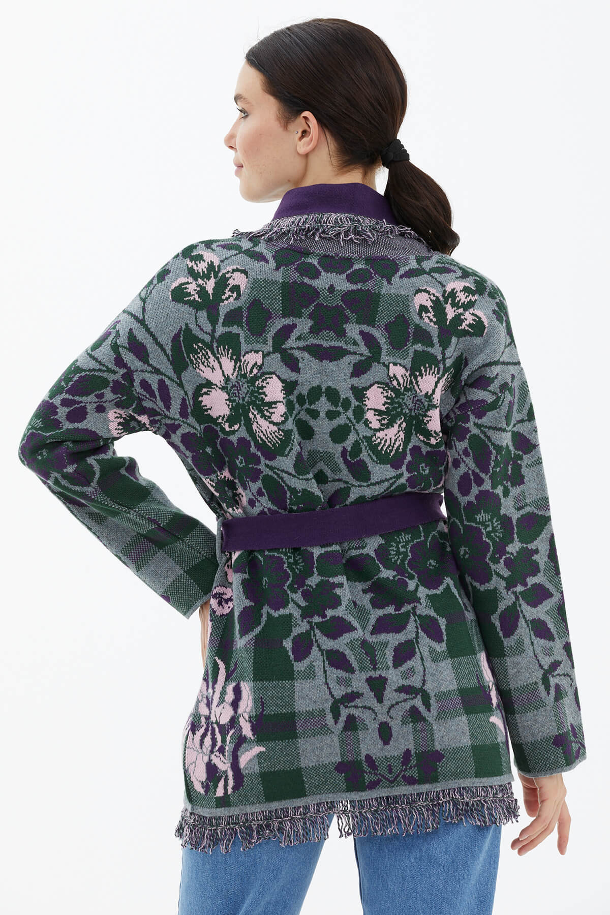 Şal Yaka Püsküllü Çiçek Desenli Triko Hırka - Gri (4) Sementa