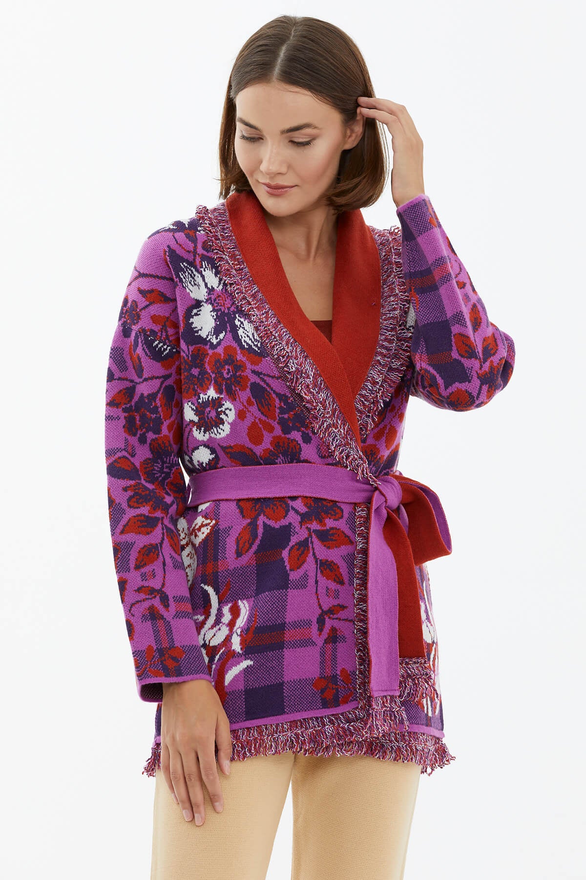 Şal Yaka Püsküllü Çiçek Desenli Triko Hırka - Koyu Fuşya (3) Sementa