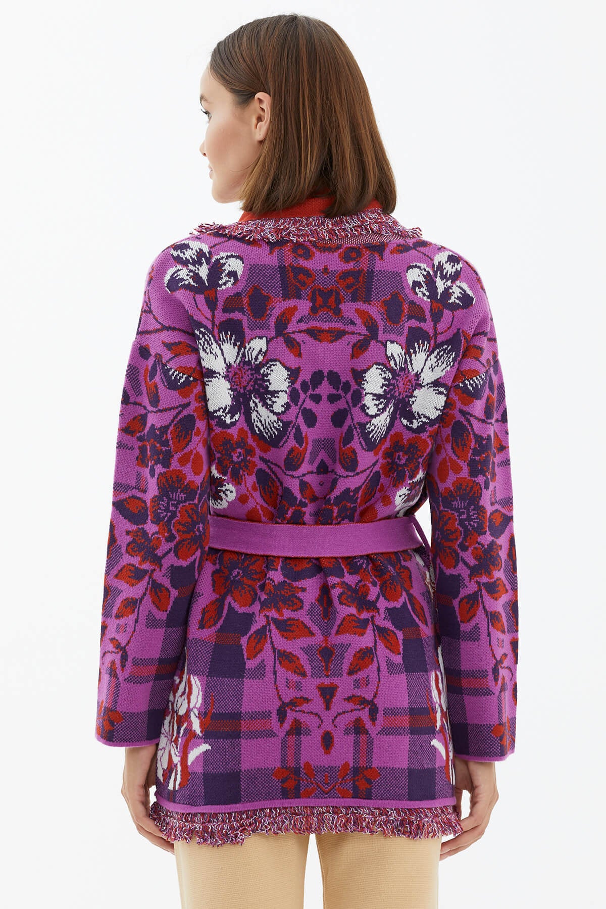 Şal Yaka Püsküllü Çiçek Desenli Triko Hırka - Koyu Fuşya (4) Sementa