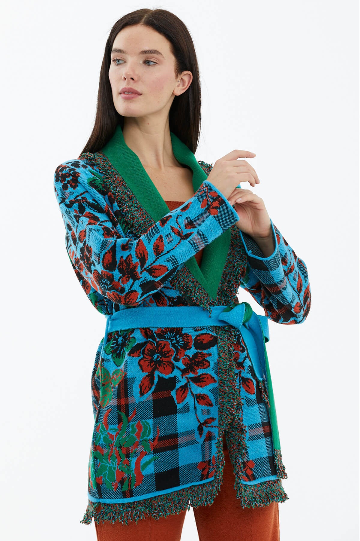 Şal Yaka Püsküllü Çiçek Desenli Triko Hırka - Turkuaz (3) Sementa