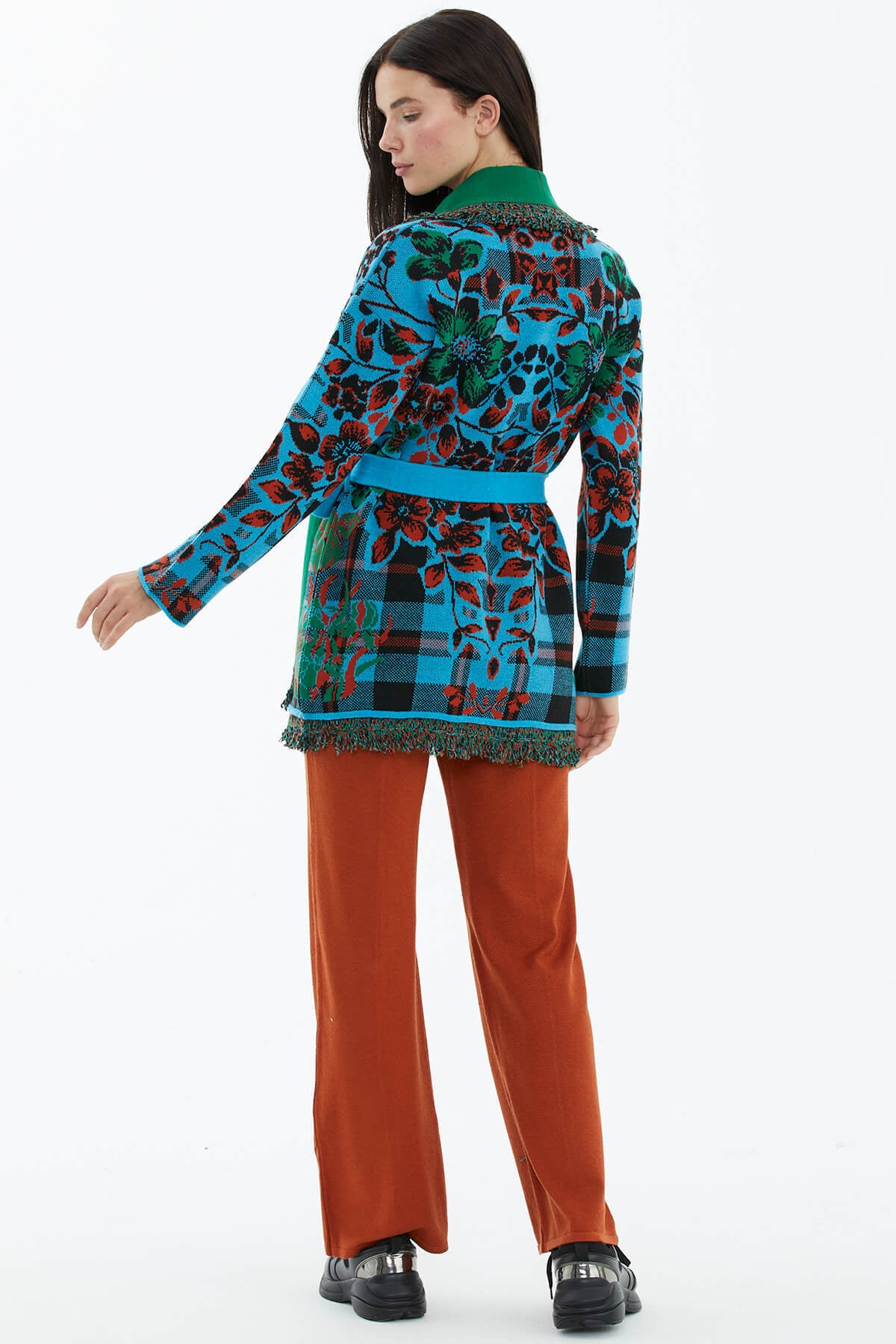 Şal Yaka Püsküllü Çiçek Desenli Triko Hırka - Turkuaz (4) Sementa