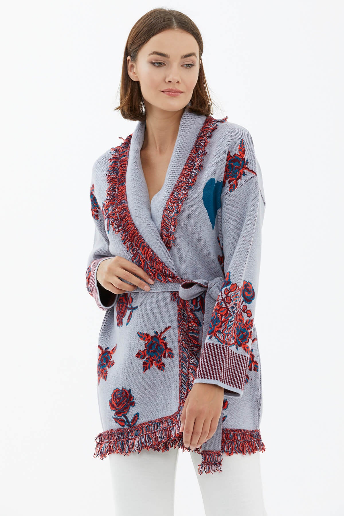 Şal Yaka Püsküllü Gül Desenli Kemerli Triko Hırka - Mavi (3) Sementa