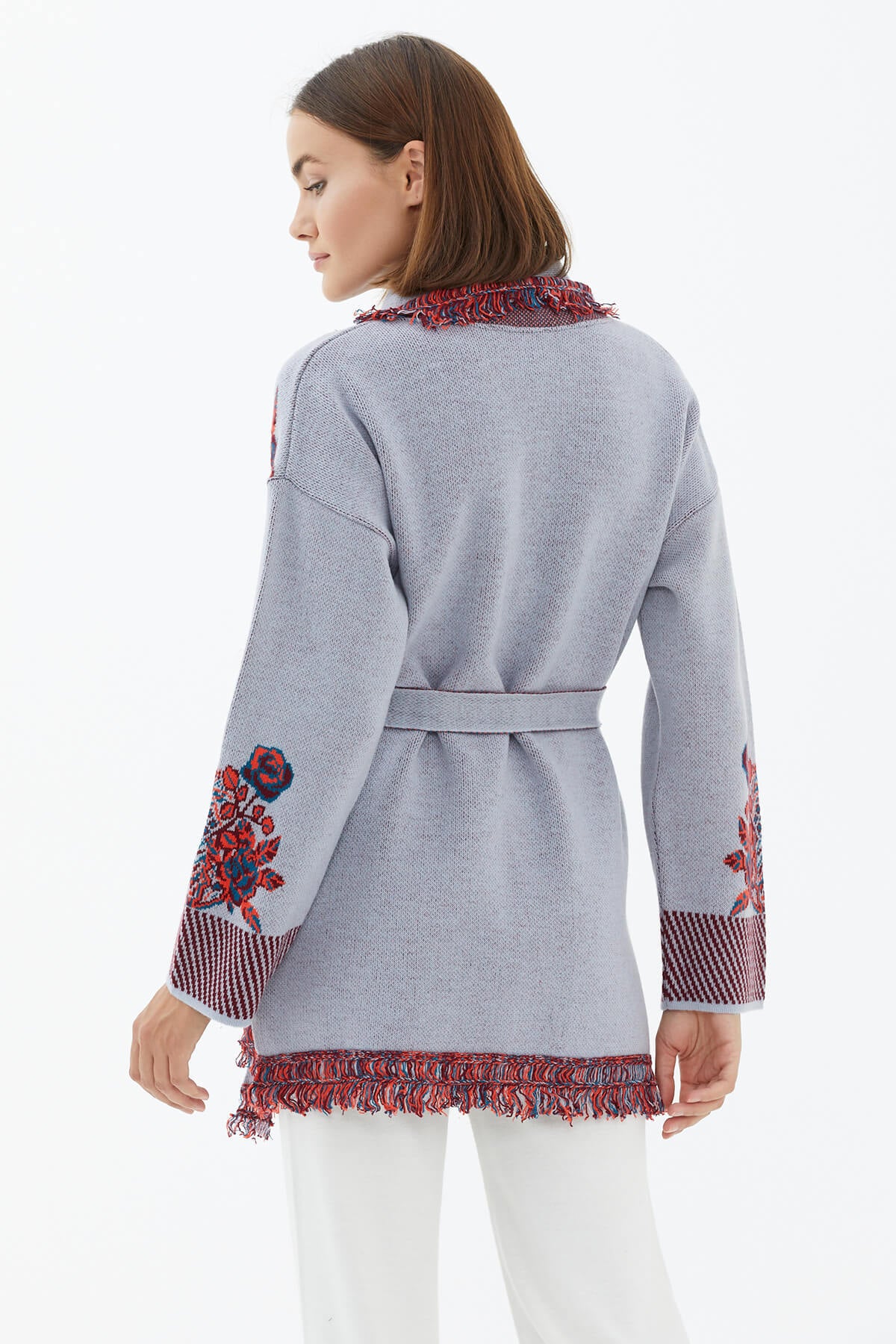 Şal Yaka Püsküllü Gül Desenli Kemerli Triko Hırka - Mavi (4) Sementa