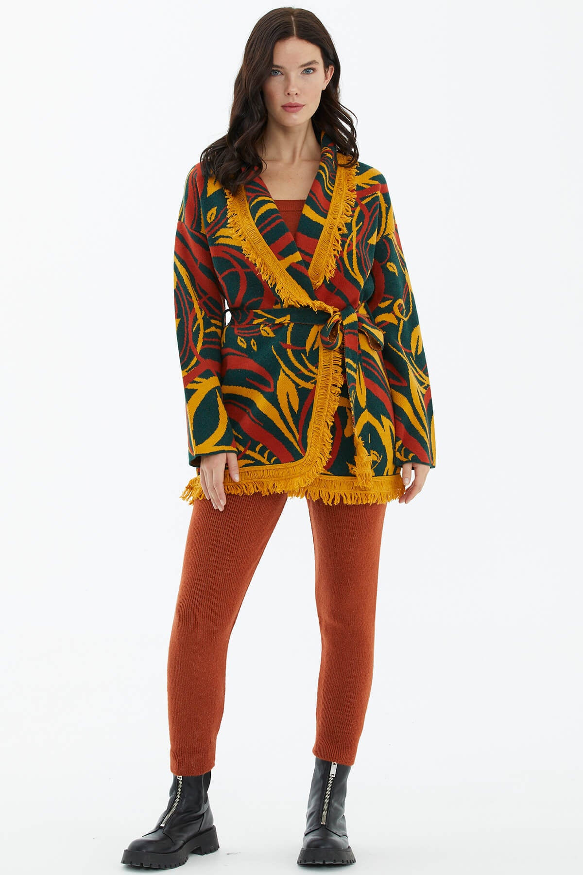 Şal Yaka Püsküllü Kemerli Çizgili Triko Hırka - Koyu Yeşil (3) Sementa