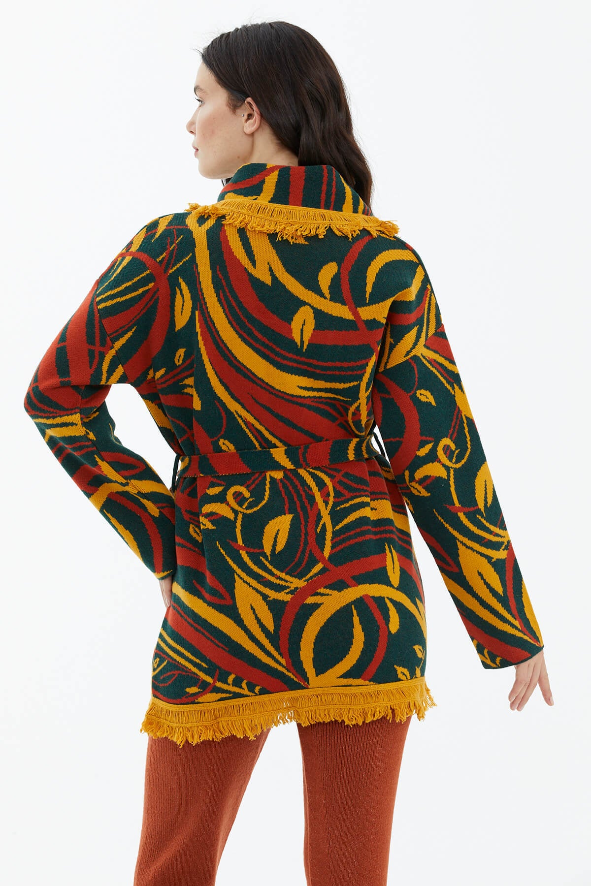 Şal Yaka Püsküllü Kemerli Çizgili Triko Hırka - Koyu Yeşil (4) Sementa