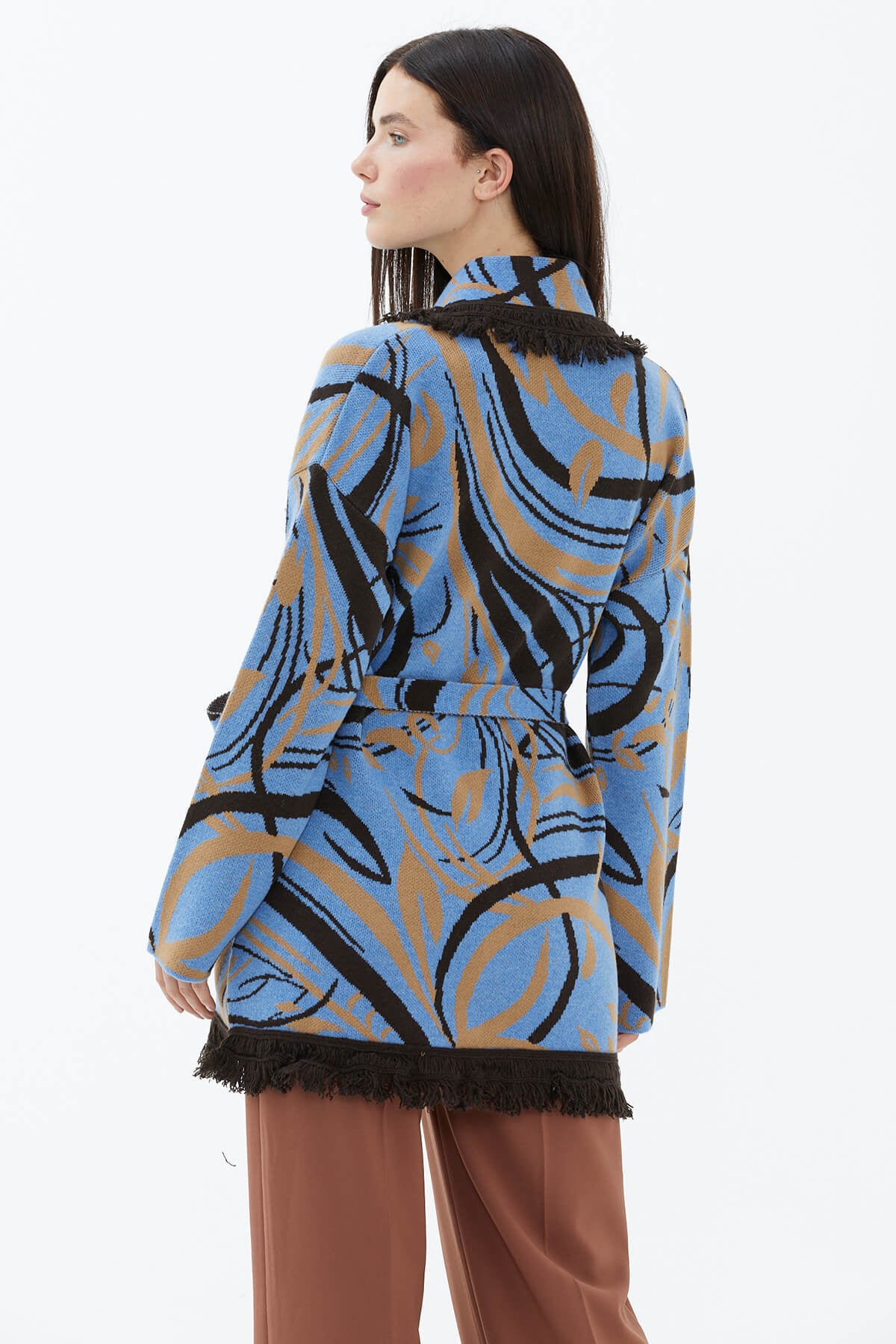 Şal Yaka Püsküllü Kemerli Çizgili Triko Hırka - Mavi (3) Sementa