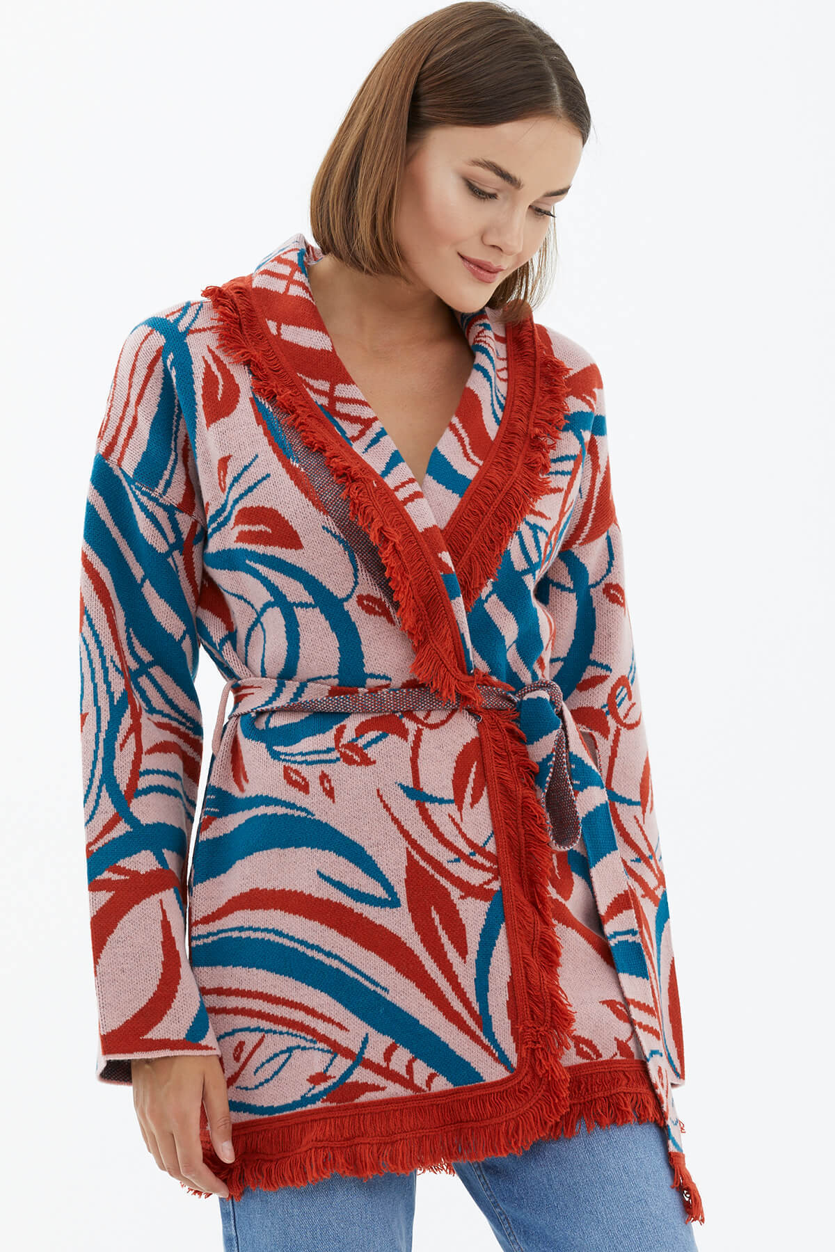 Şal Yaka Püsküllü Kemerli Çizgili Triko Hırka - Somon (3) Sementa