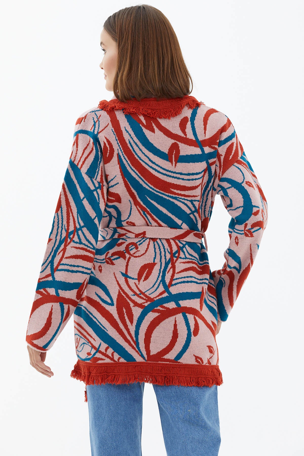 Şal Yaka Püsküllü Kemerli Çizgili Triko Hırka - Somon (4) Sementa