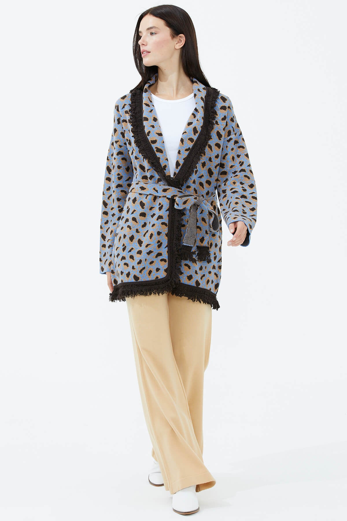 Şal Yaka Püsküllü Kemerli Leopar Desenli Triko Hırka - Mavi (3) Sementa