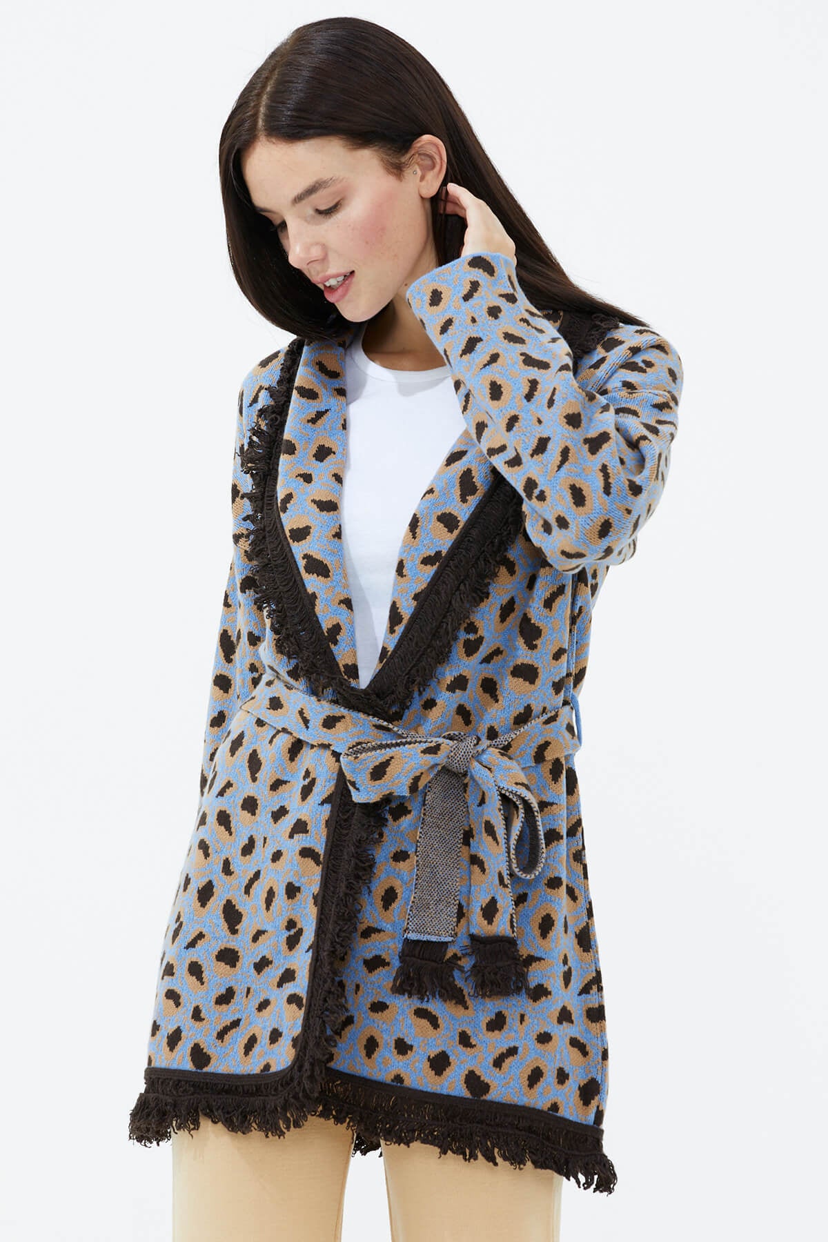 Şal Yaka Püsküllü Kemerli Leopar Desenli Triko Hırka - Mavi (4) Sementa