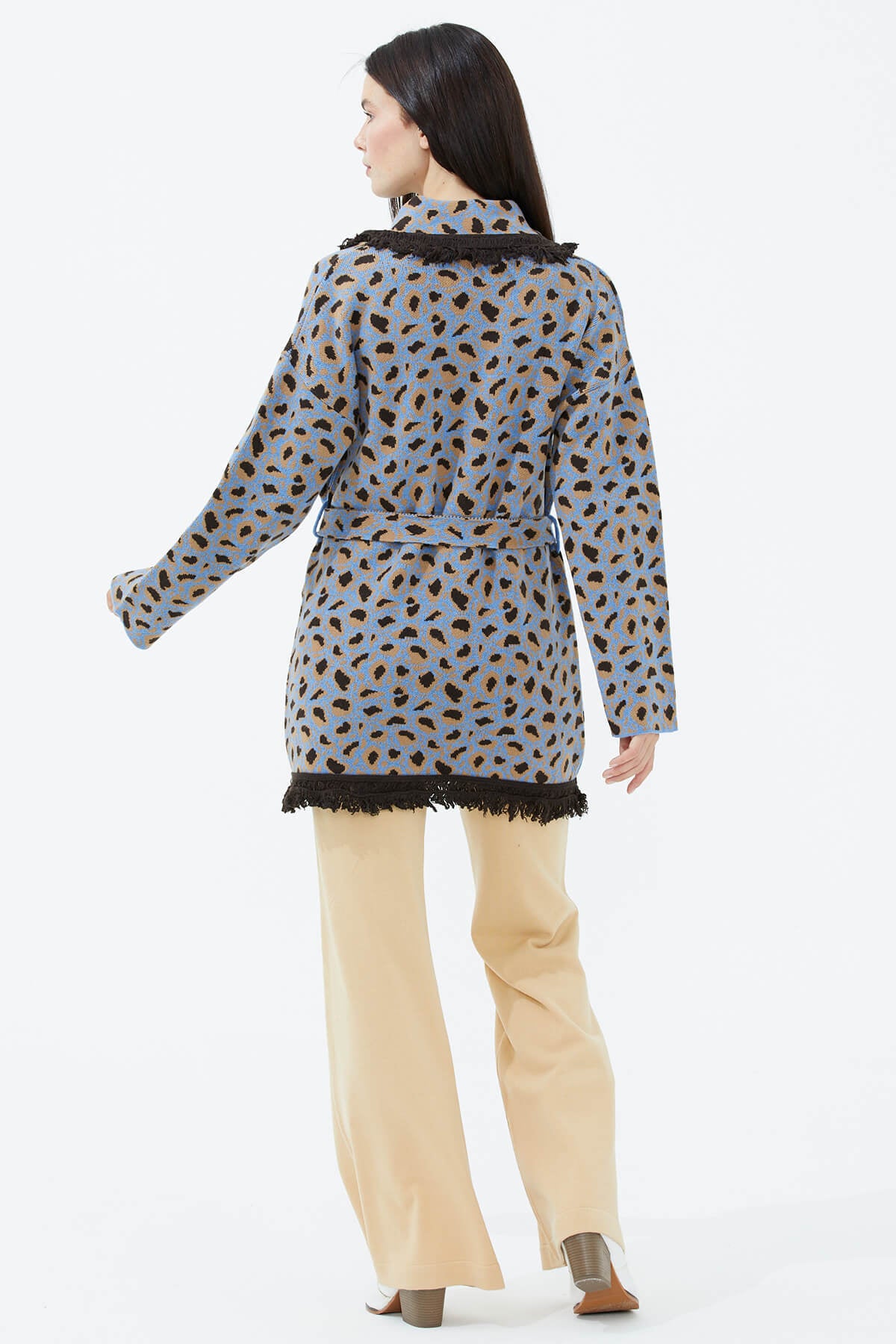 Şal Yaka Püsküllü Kemerli Leopar Desenli Triko Hırka - Mavi (5) Sementa