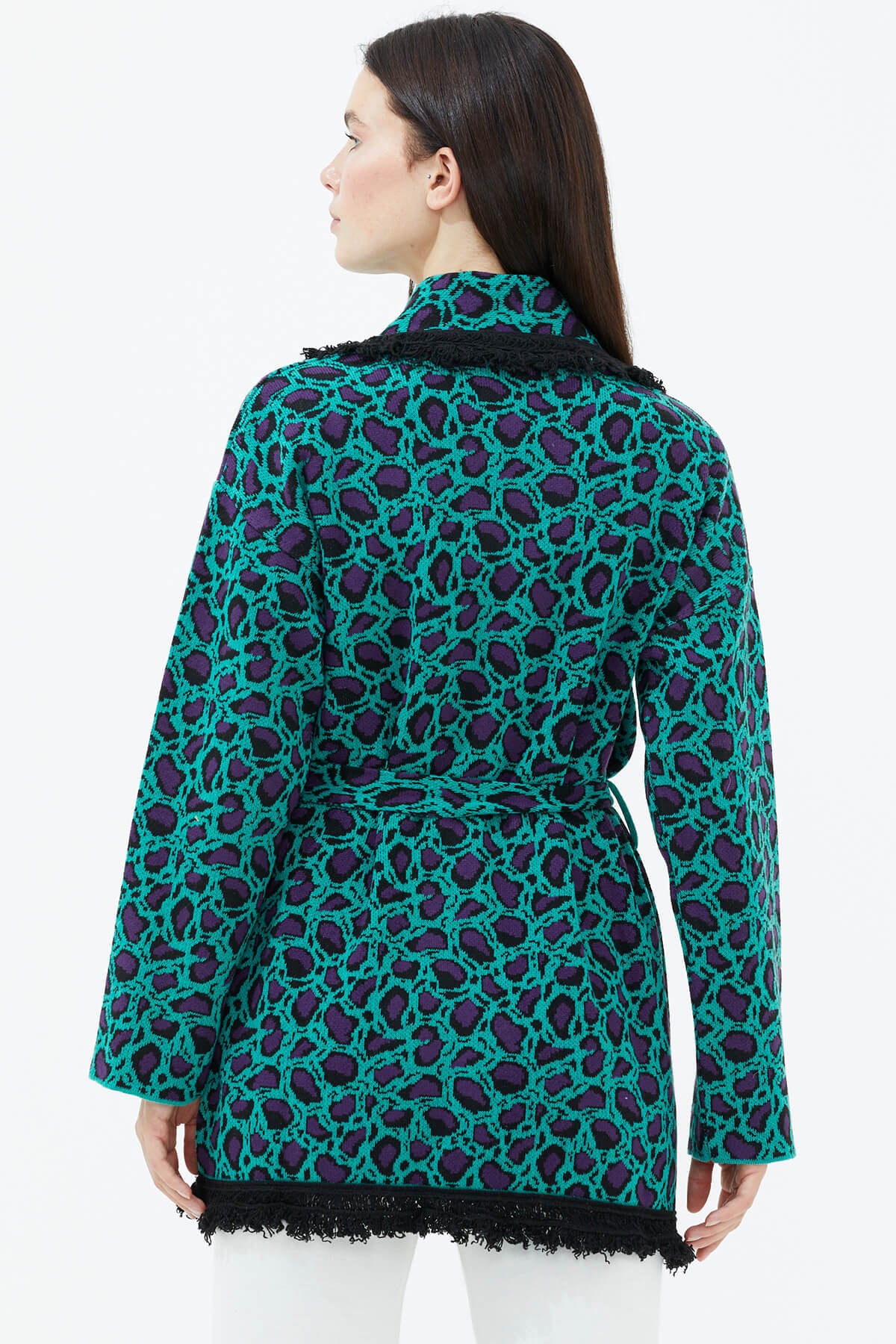 Şal Yaka Püsküllü Kemerli Leopar Desenli Triko Hırka - Yeşil (4) Sementa