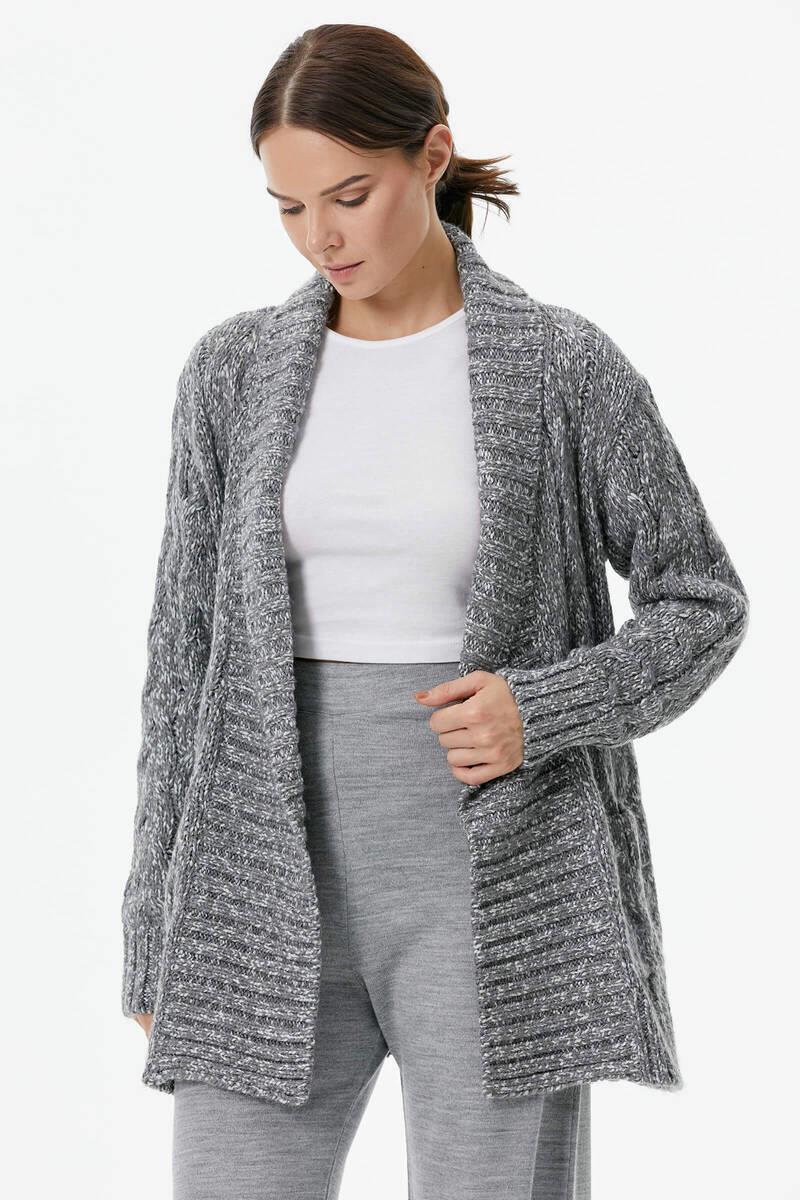 Şal Yaka Saç Örgülü Kırçıllı Triko Hırka - Gri (2) Sementa