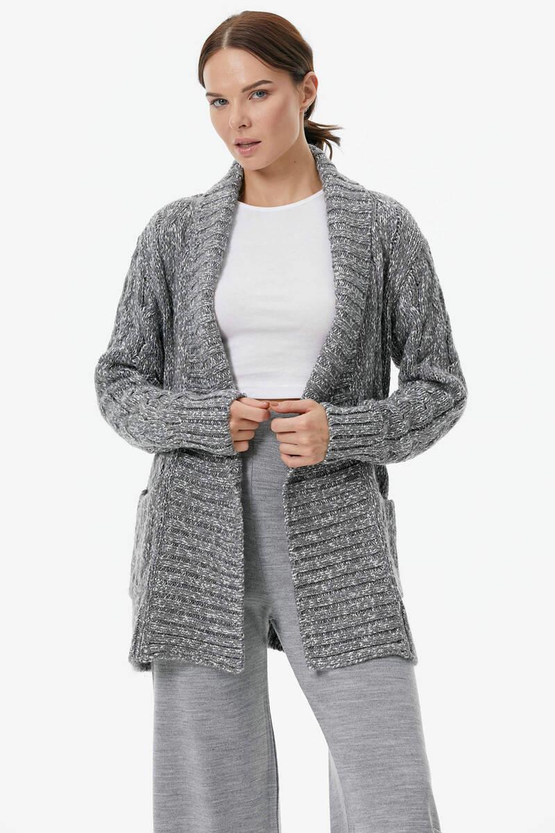 Şal Yaka Saç Örgülü Kırçıllı Triko Hırka - Gri (3) Sementa