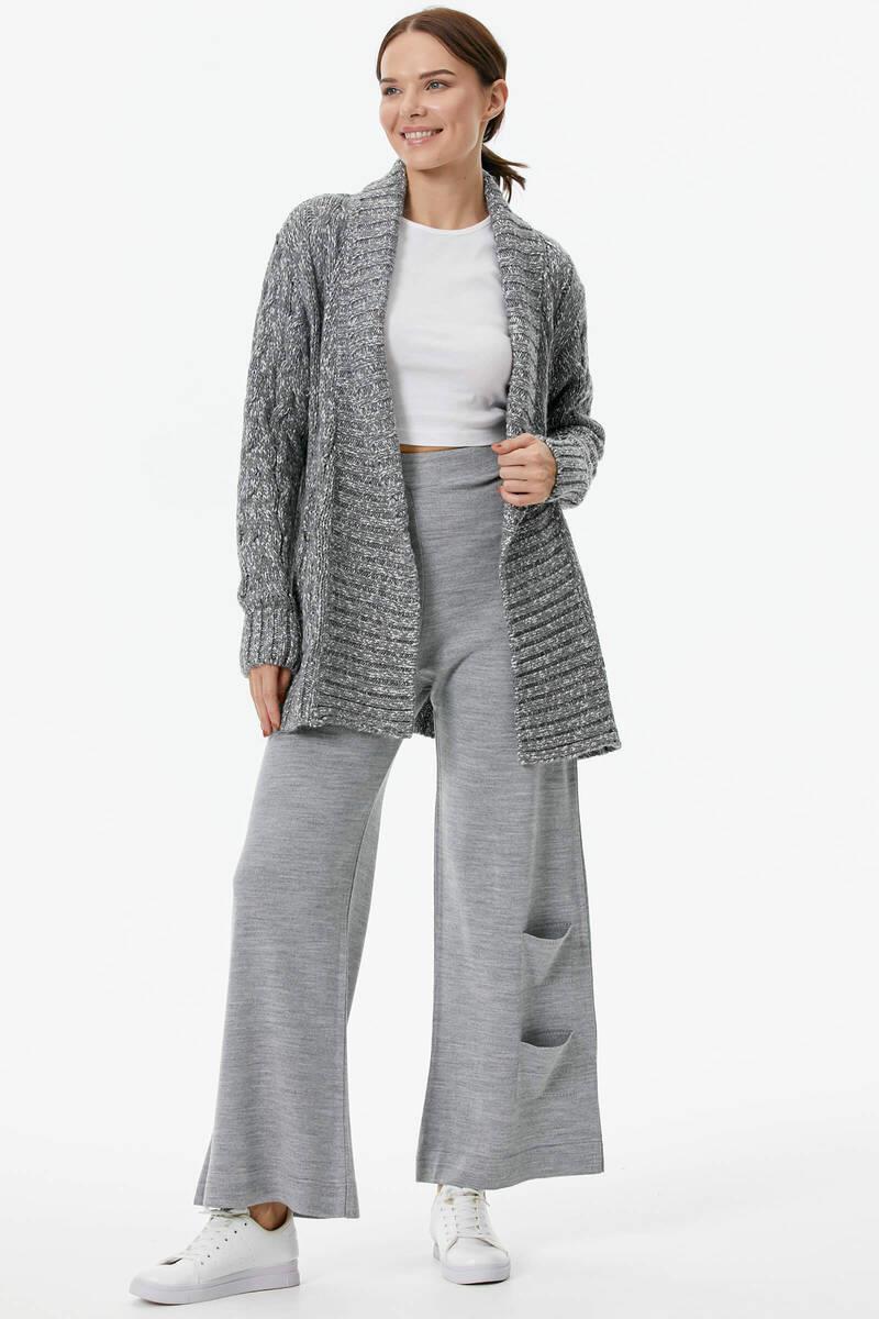 Şal Yaka Saç Örgülü Kırçıllı Triko Hırka - Gri (4) Sementa