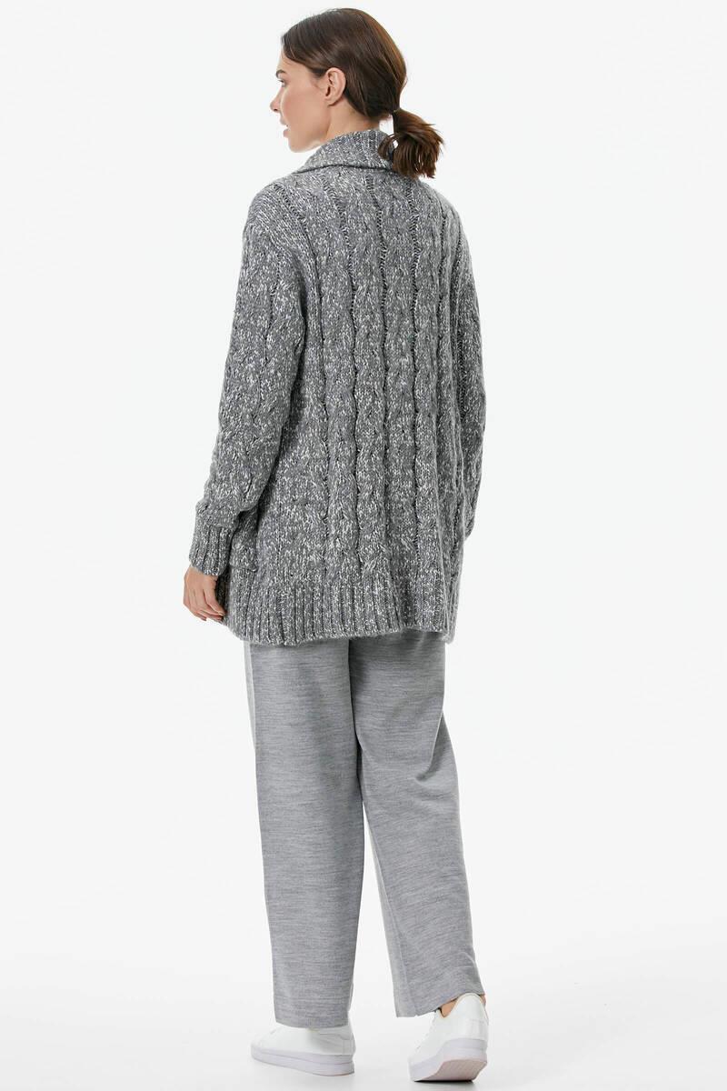 Şal Yaka Saç Örgülü Kırçıllı Triko Hırka - Gri (6) Sementa